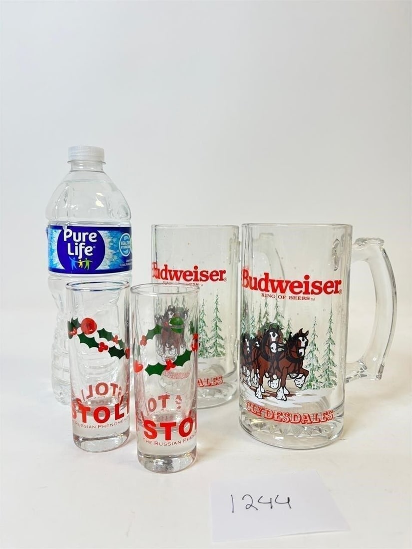 Budweiser Beer Cups & Christmas Themed Shot...: Glasses. Budweiser Beer Cups & Christmas Themed Shot Glasses Set - Classic drinkware for collectors or everyday use. Condition varies; please refer to photos for details.