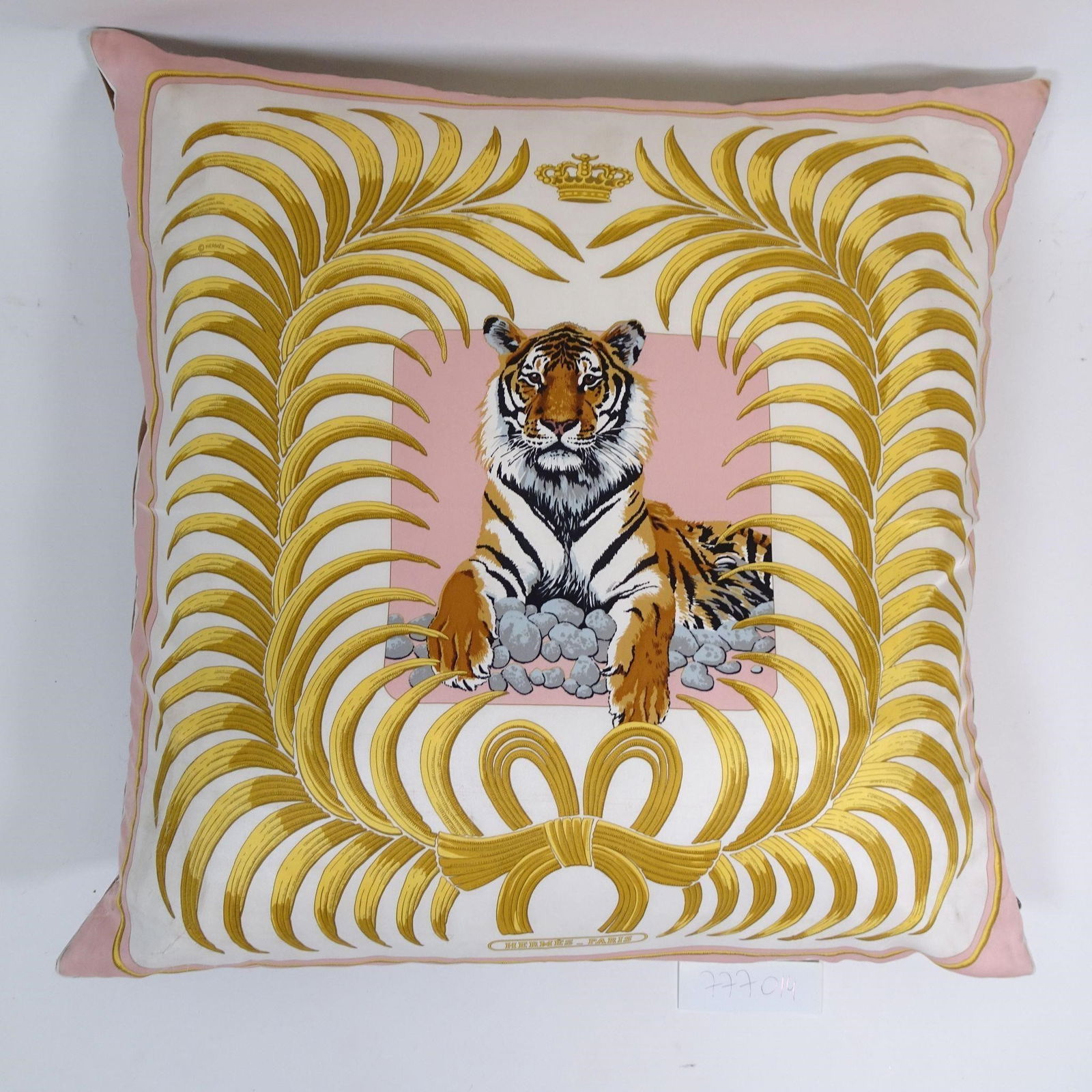 Hermès Paris Decorative Pillow: Original Hermès Paris decorative pillow featuring an iconic tiger motif with ornate gold detailing. Front made of printed silk, back finished in soft velvet fabric. Elegant, collectible luxury home d