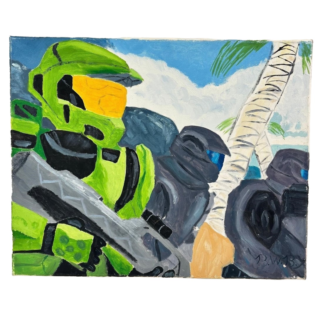 Painting of Characters from "Halo": Offered is an original painting featuring characters from the "Halo" video game franchise. A must-have for any fan of the "Halo" series. Please see the photos for a detailed view of the painting, incl