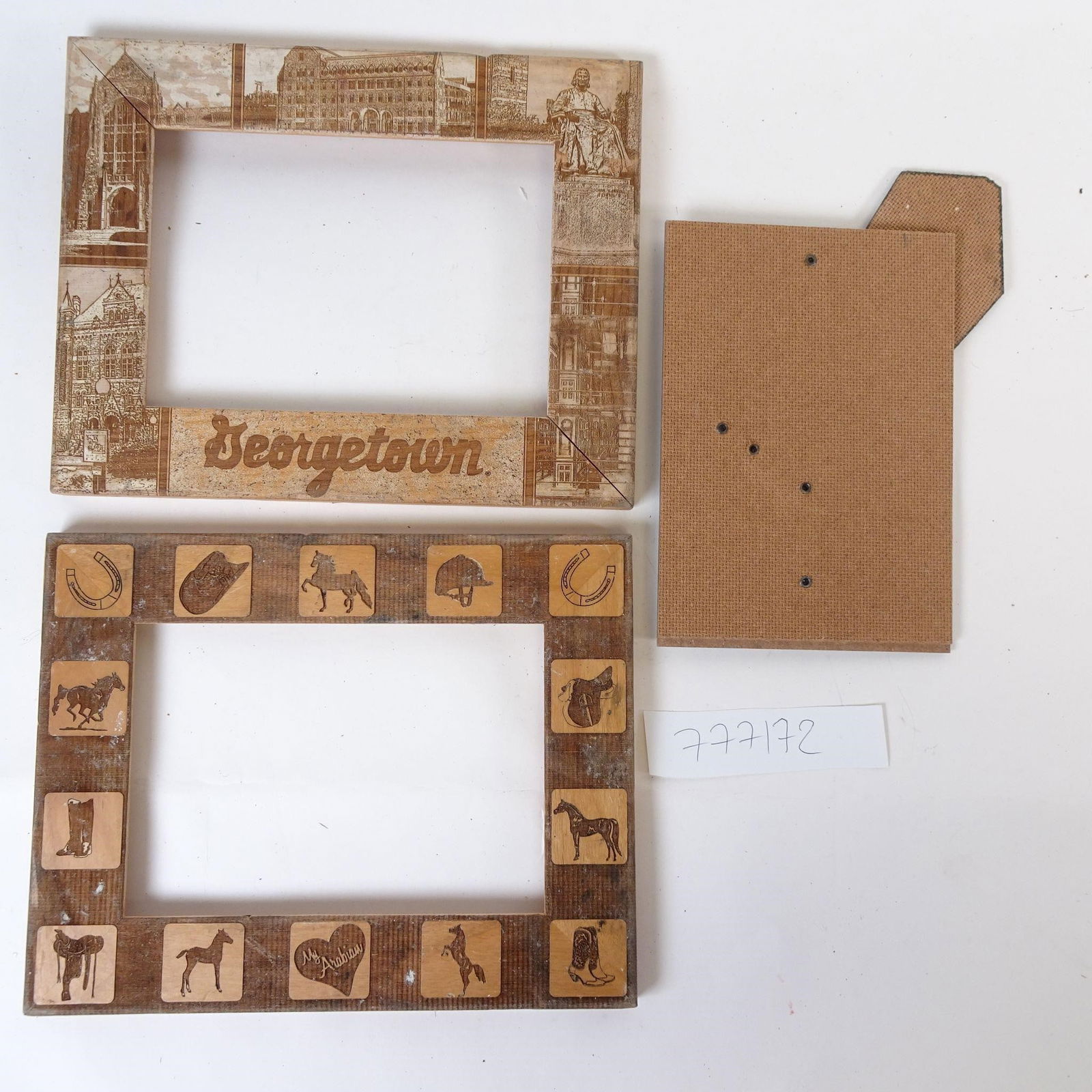 Set of 2 Vintage Wooden Picture Frames: Offered for sale is a set of two decorative wooden picture frames in a rustic / vintage style. Set includes: -A frame engraved with landmarks and the name Georgetown -A frame featuring western / cowbo