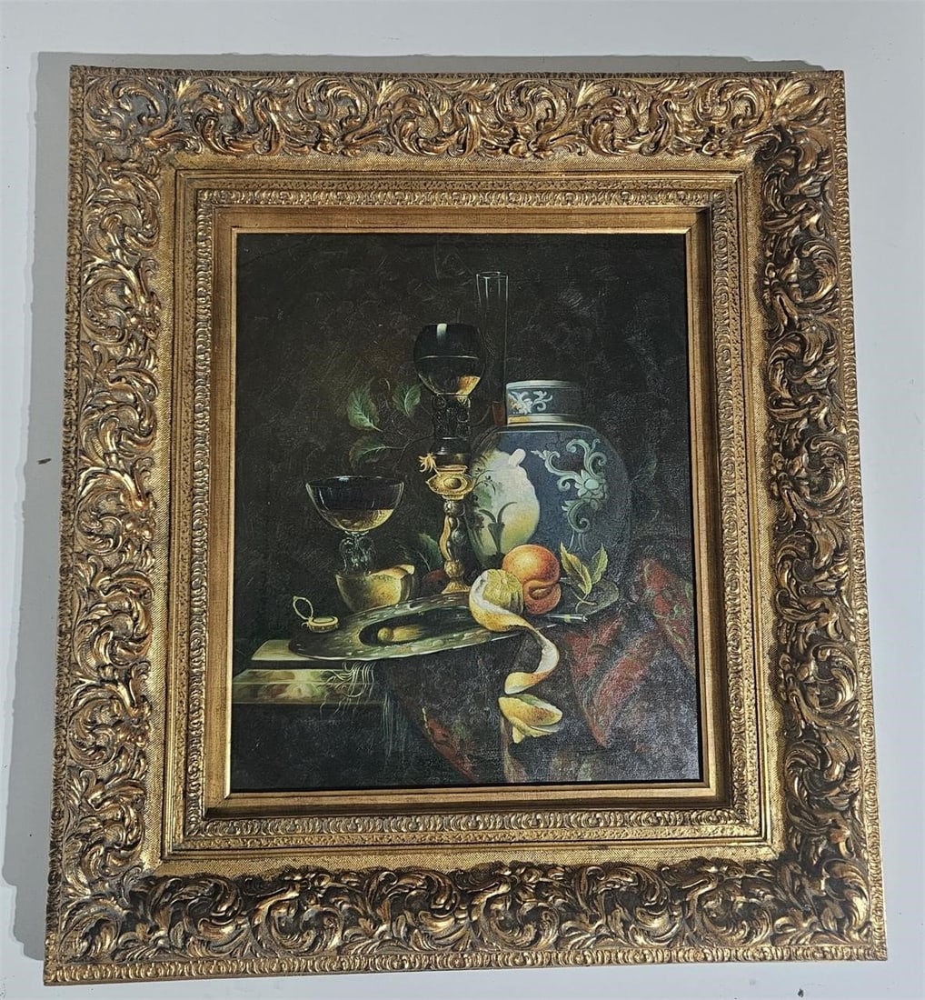 Still Life with Lemon: Decorative still life painting depicting a classic composition with lemon, fruit, vessels, and glassware, rendered in a dark, atmospheric palette inspired by old master traditions. The artwork is set