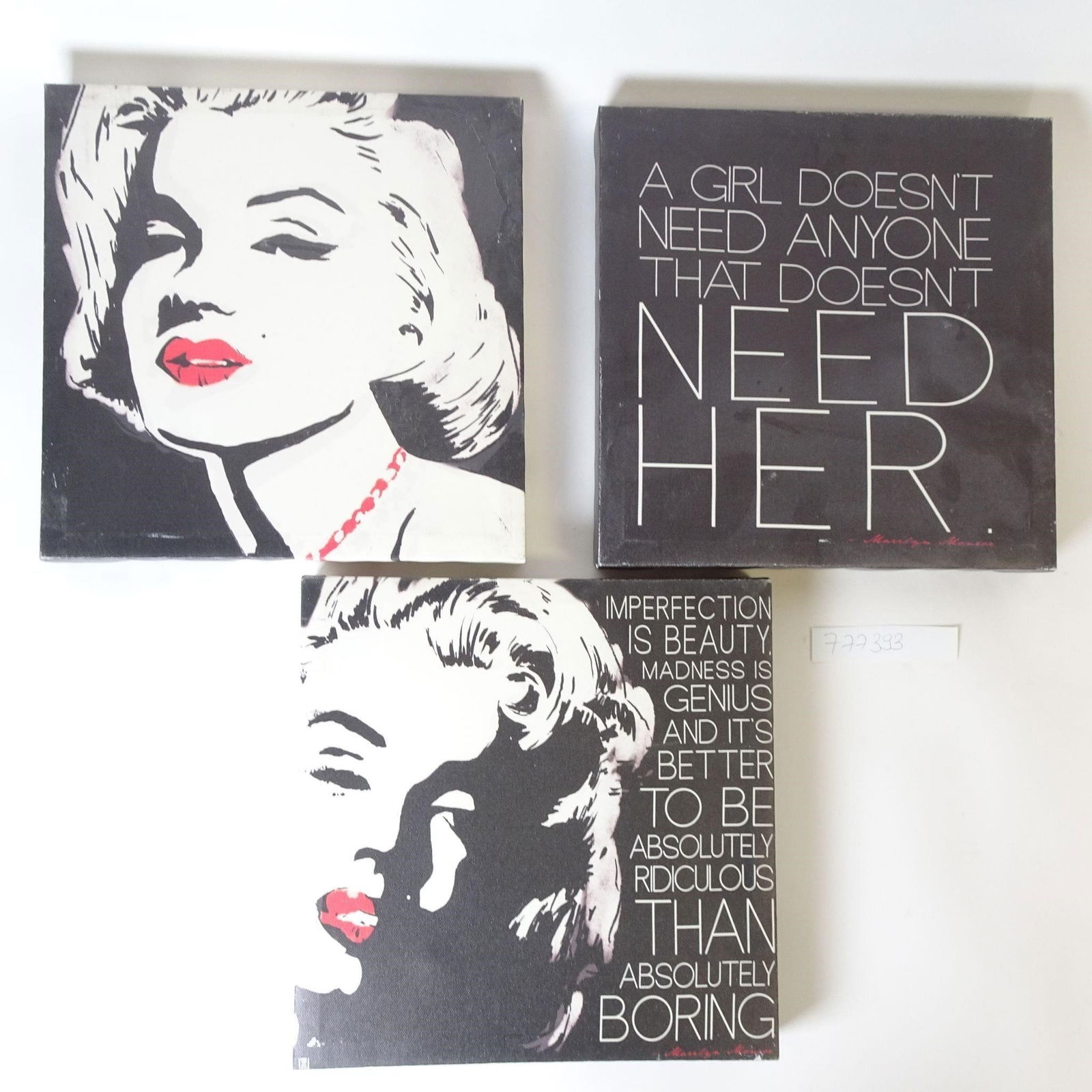 Set of 3 Marilyn Monroe Canvas Art Prints: Stylish set of three Marilyn Monroe-inspired canvas prints featuring iconic black-and-white portraits with bold red accents and famous quotes. A striking pop-art wall d?©cor set, ready to hang. Perfe
