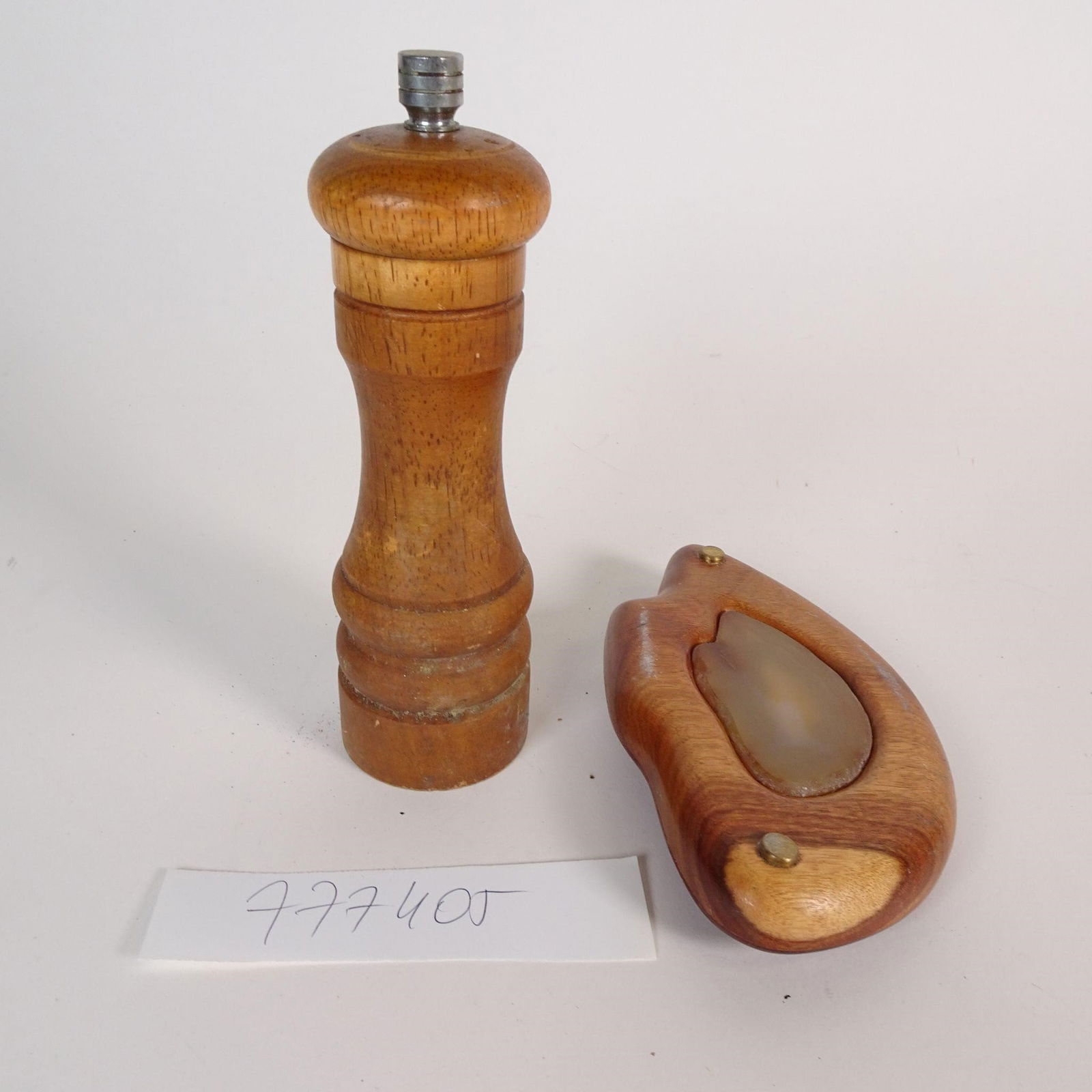 Wooden Grinder with Decorative Stone Inlay Tray: Authentic vintage two-piece set featuring a turned wooden grinder and a decorative wooden tray / stand with a natural stone inlay (onyx or agate). The wooden grinder complements the tray beautifully,