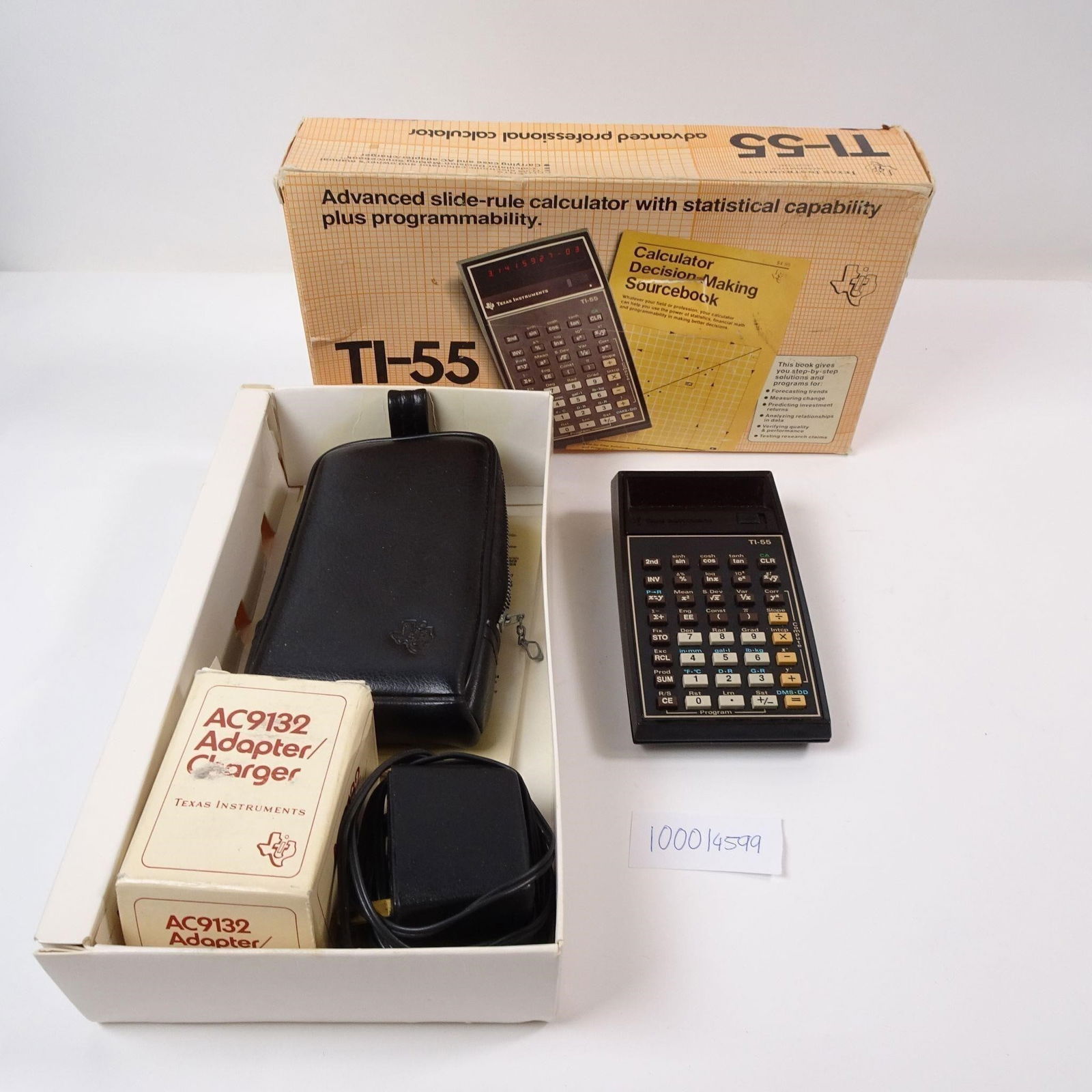 Vintage TI-55 with Case: Vintage Texas Instruments TI-55 calculator with case. Classic scientific calculator, ideal for collectors of vintage electronics or retro office tools. Condition varies; please refer to photos for det