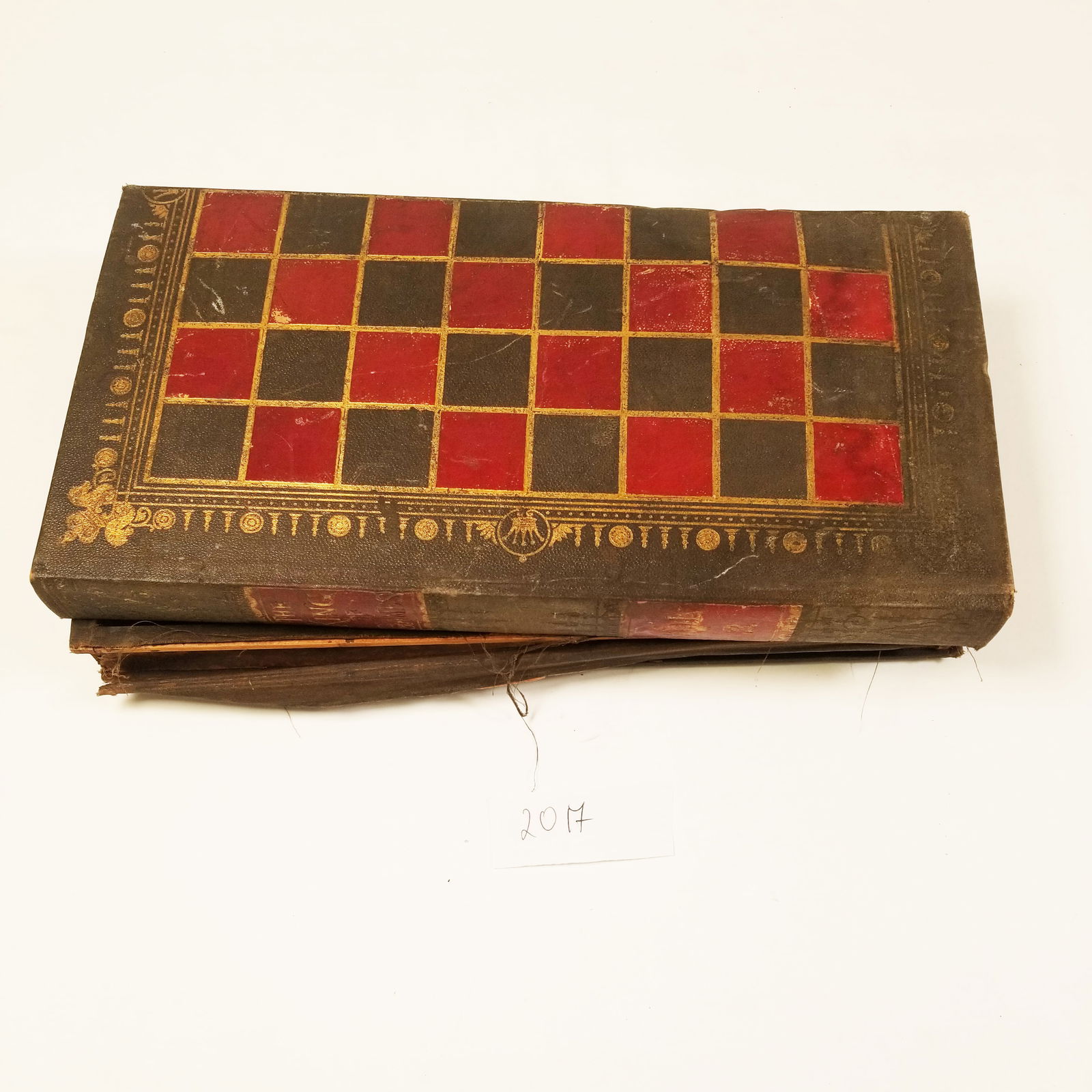 Antique American Double Sided Games Board: Antique American Double Sided Games Board hidden in a case as two books.EXTRA Wooden Chess Pieces.