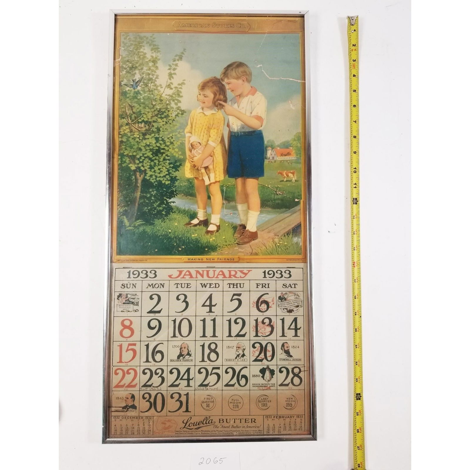 Vintage 1933 January Calendar Spread Framed: Vintage 1933 January Calendar Spread Framed - Sold as-is, condition varies. See photos for details.