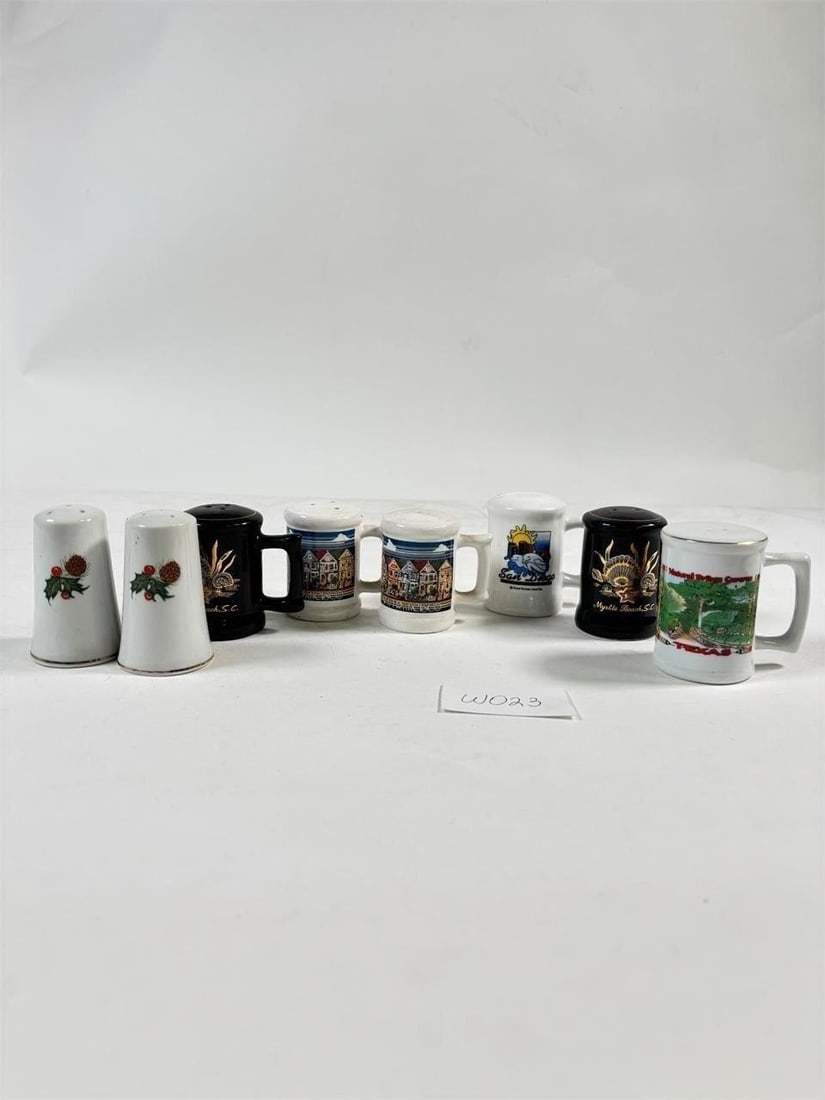 Assortment of Vintage Salt and Pepper Shakers...: (Souvenir style: Myrtle Beach, Texas, and more). A collection of vintage souvenir-style salt and pepper shakers from destinations like Myrtle Beach, Texas, San Diego, and more. Ideal for collectors or