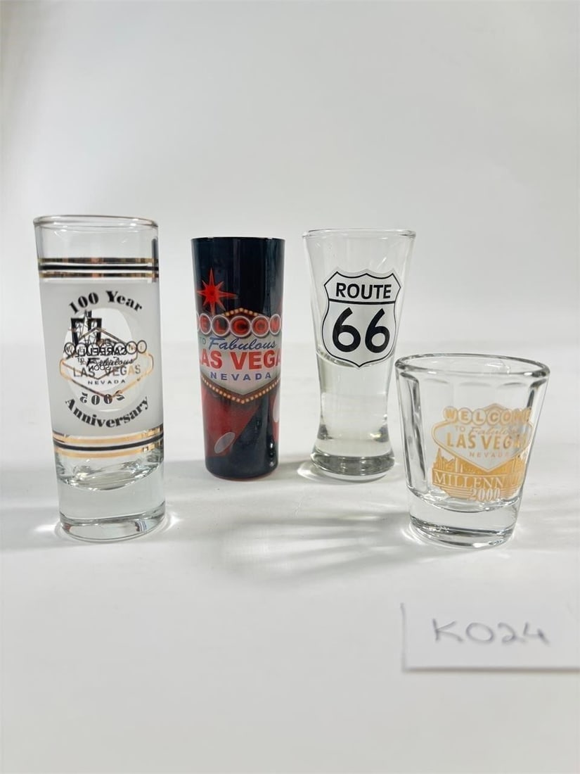 Vintage Shot Glasses Set of 4 (Souvenir Style:...: Las Vegas and Route 66). Vintage Shot Glasses Set of 4, featuring souvenir-style designs from Las Vegas and Route 66. Great for collectors. Refer to attached photos for details.