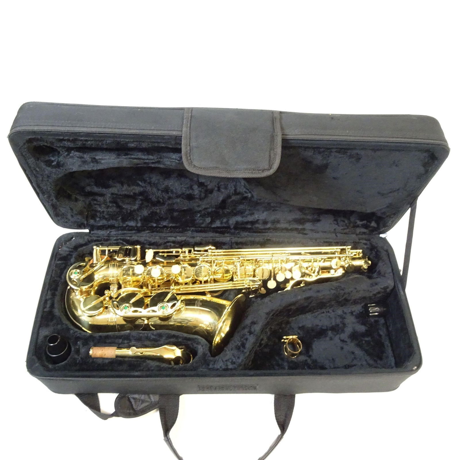Jean Baptiste Alto Saxophone w/ Case – Student Band Instrument: Jean Baptiste alto saxophone in gold lacquer finish, complete with case and accessories. Ideal student band instrument for beginners and school programs. Keys, springs, and pads intact; ready to play
