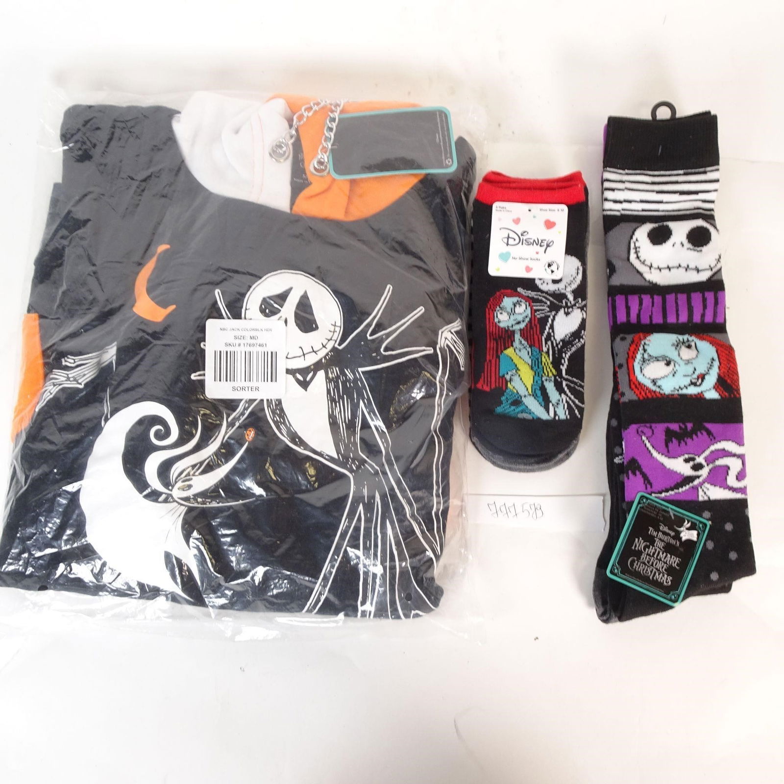 Hoodie Size M + 2 Pairs Socks: Original Disney apparel set inspired by The Nightmare Before Christmas. This lot includes a brand-new black hoodie featuring Jack Skellington (Size M) and two pairs of character socks with Jack and