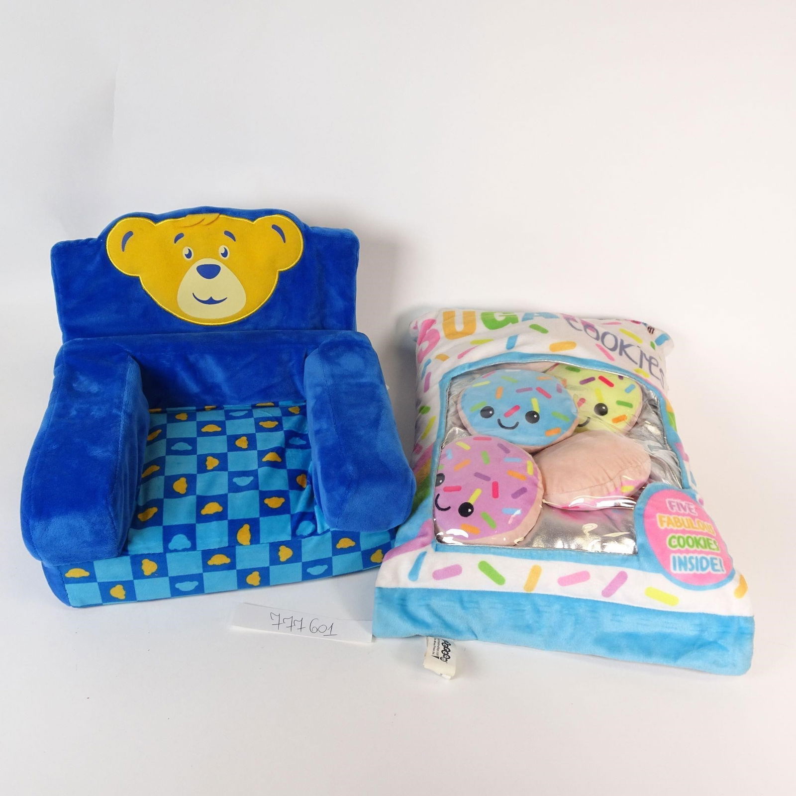 Plush Toy Lot: The product is a blue checker patterned Build-A-Bear BAB sofa chair that doubles as a pull-out bed couch. It is a single unit made by the Build-A-Bear Workshop brand. Plush Toy Sugar Cookie Pillow