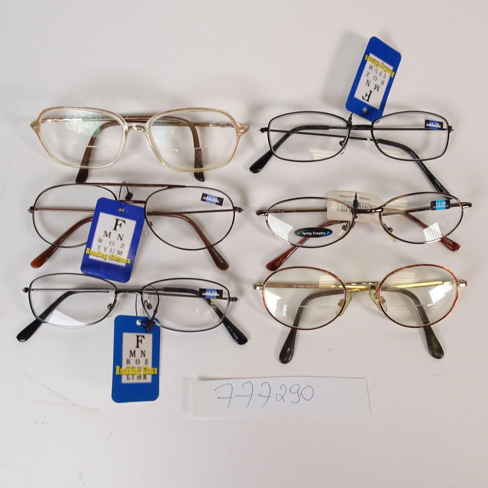 Reading Glasses - Mixed Lot: Mixed lot of several pairs of reading glasses in various styles and strengths. Some pairs include original tags (+1.75, +2.00 visible on select items). Pre-owned / storage condition with minor wear