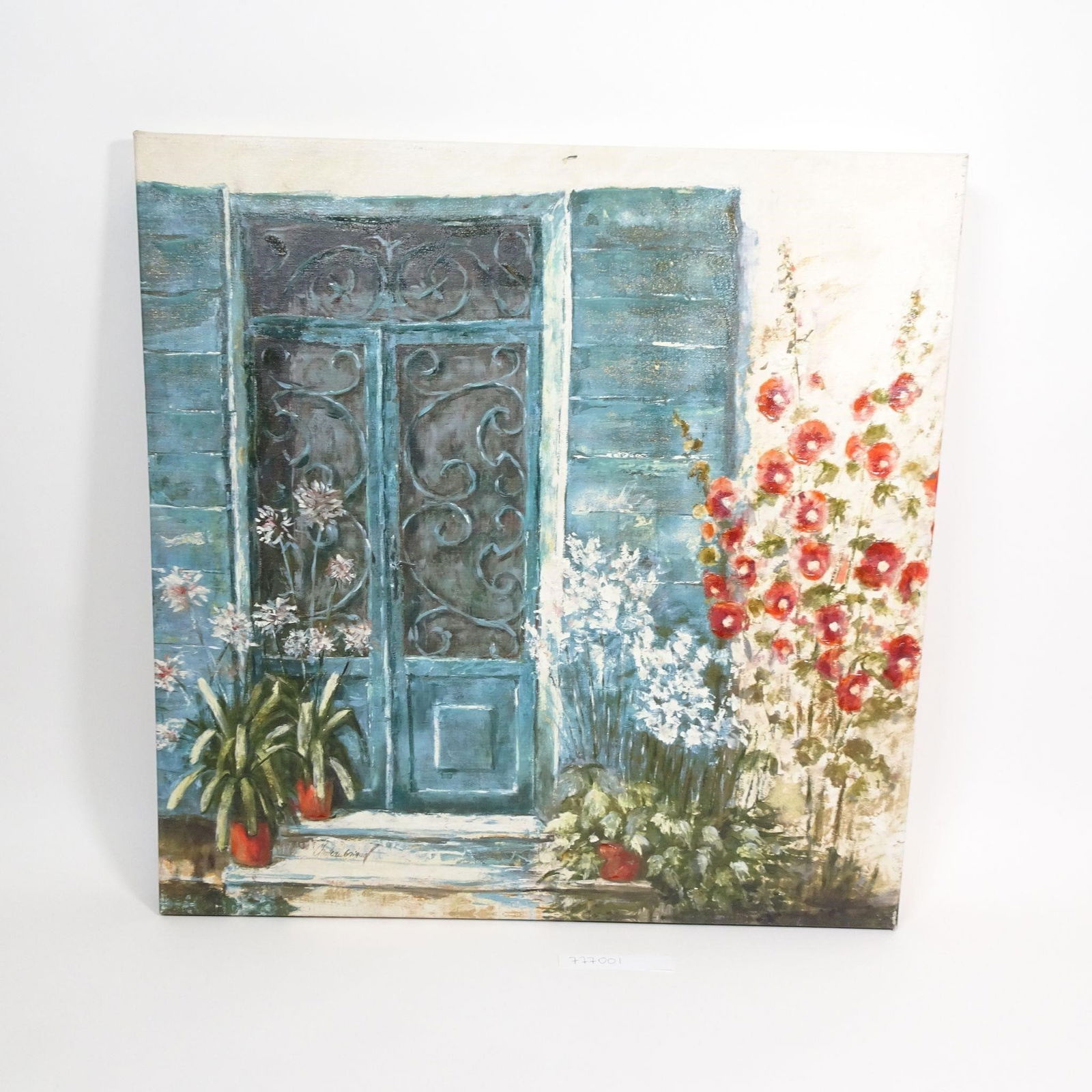 Floral Garden Door Painting on Canvas: Decorative hand-painted style canvas artwork featuring a charming blue garden door surrounded by blooming flowers and greenery.The piece has a soft, romantic, European cottage aesthetic with textured