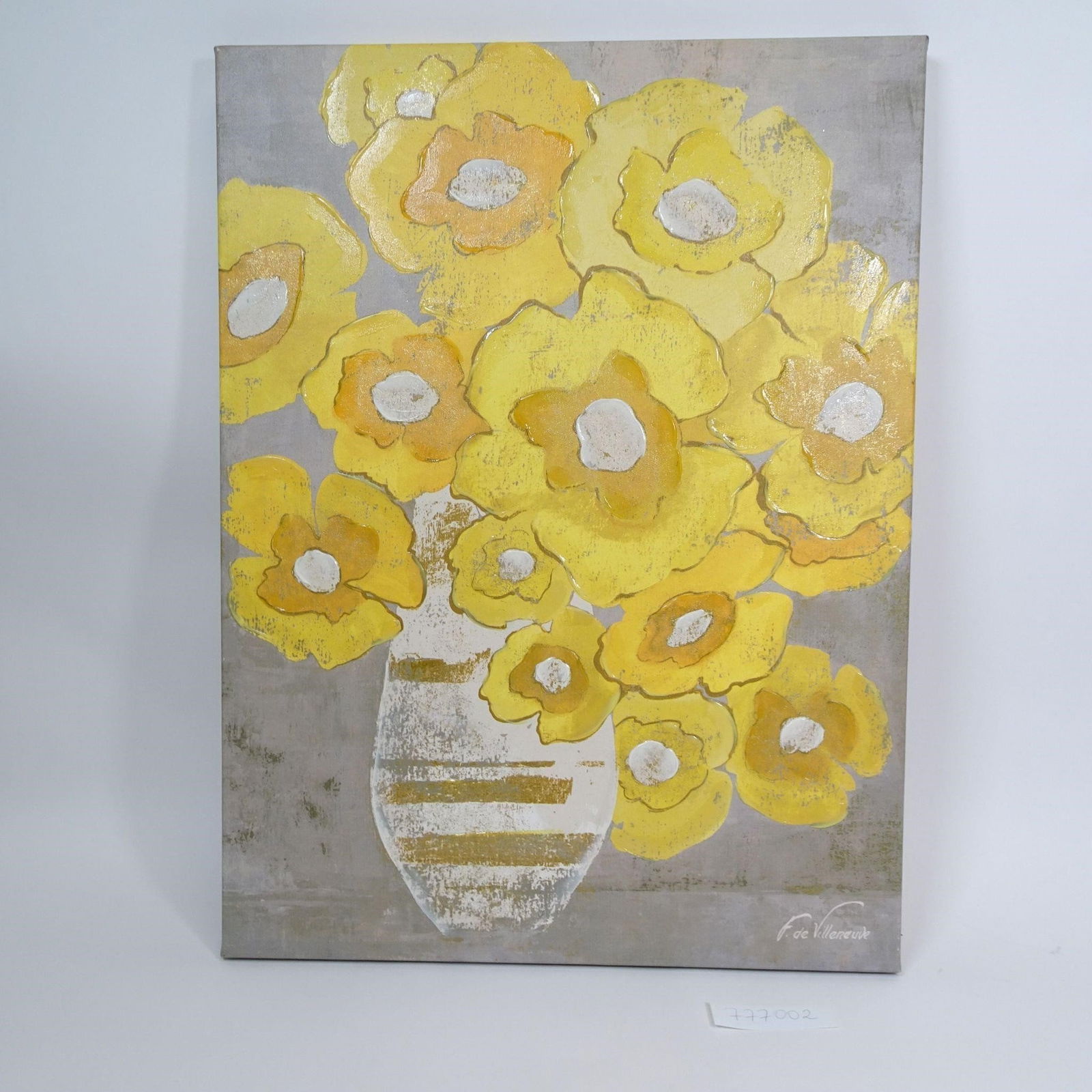 Yellow Floral Still Life Painting on Canvas: Decorative floral still life canvas painting featuring vibrant yellow flowers arranged in a textured vase against a neutral gray background.The artwork has a modern, slightly abstract style with layer