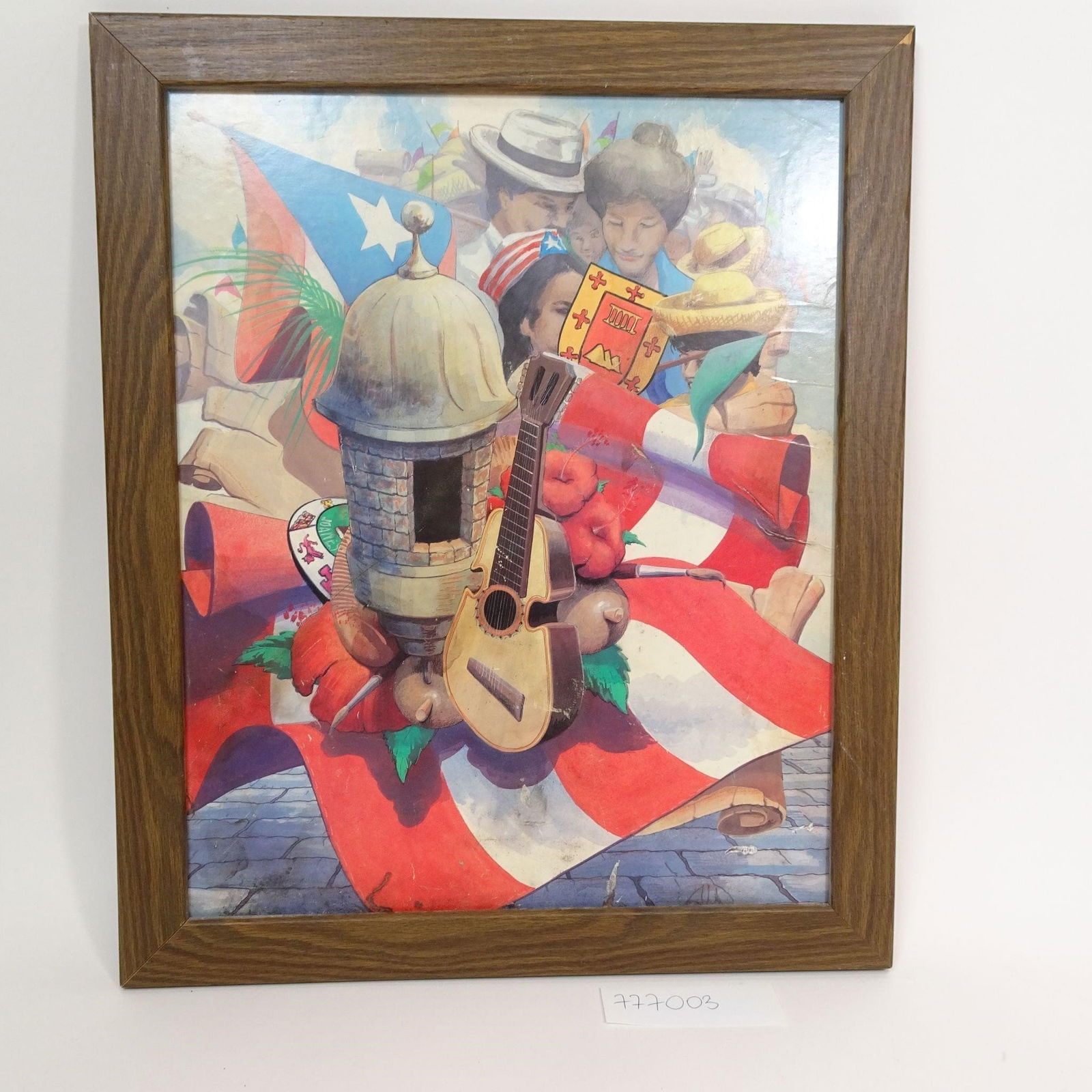 Vintage Puerto Rico Cultural Print in Wooden Frame: Vintage cultural art print depicting a vibrant Puerto Rican folk scene featuring the Puerto Rico flag, traditional figures, a guitar, and historic architectural elements.The composition celebrates Pue