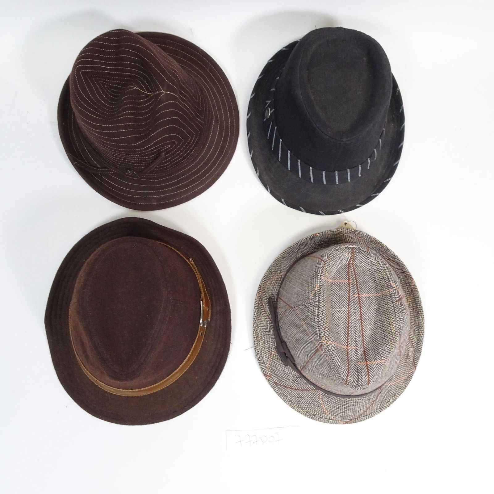 Lot of 4 Men's Fedora & Trilby Hats: Group of four men's vintage-style fedora and trilby hats in classic colors and textures. The lot includes felt and tweed styles featuring decorative hatbands, stitching details, and traditional silhou