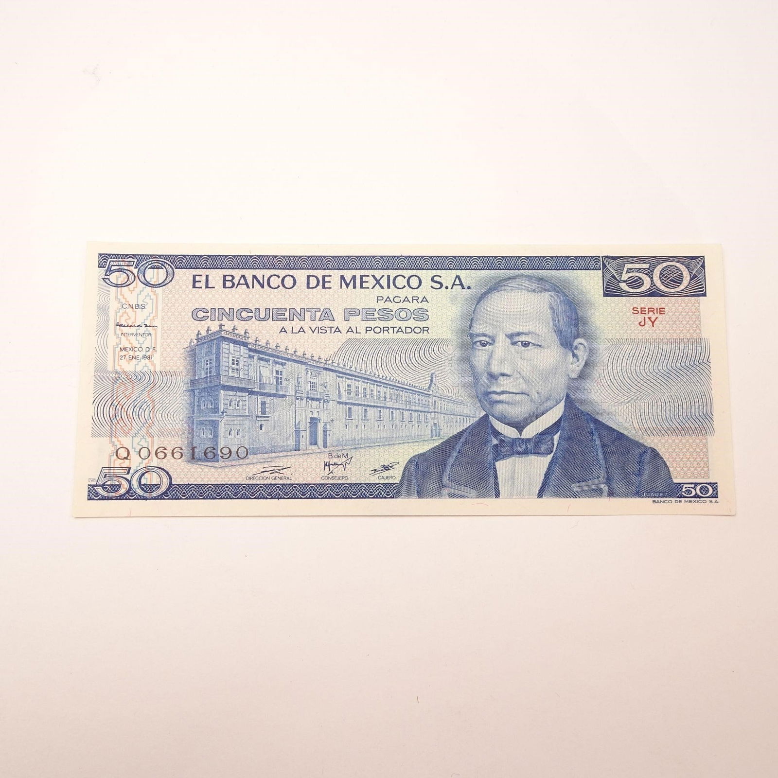 Mexico - 50 Pesos, 1981: This 50 Pesos banknote from Mexico, issued in 1981, is a significant piece from the eve of the Latin American debt crisis. It features Benito JuÃ¡rez, a pivotal figure in Mexican history, and the