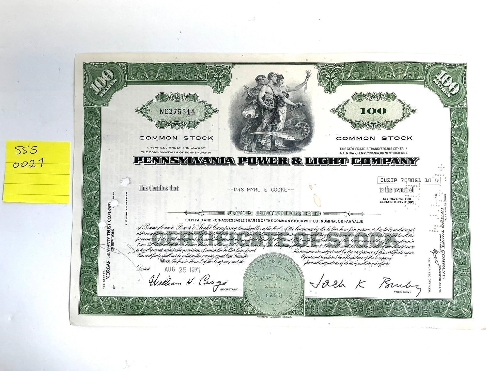 Pensylvania Power & Light Com Stock Certificate (1 of 2)