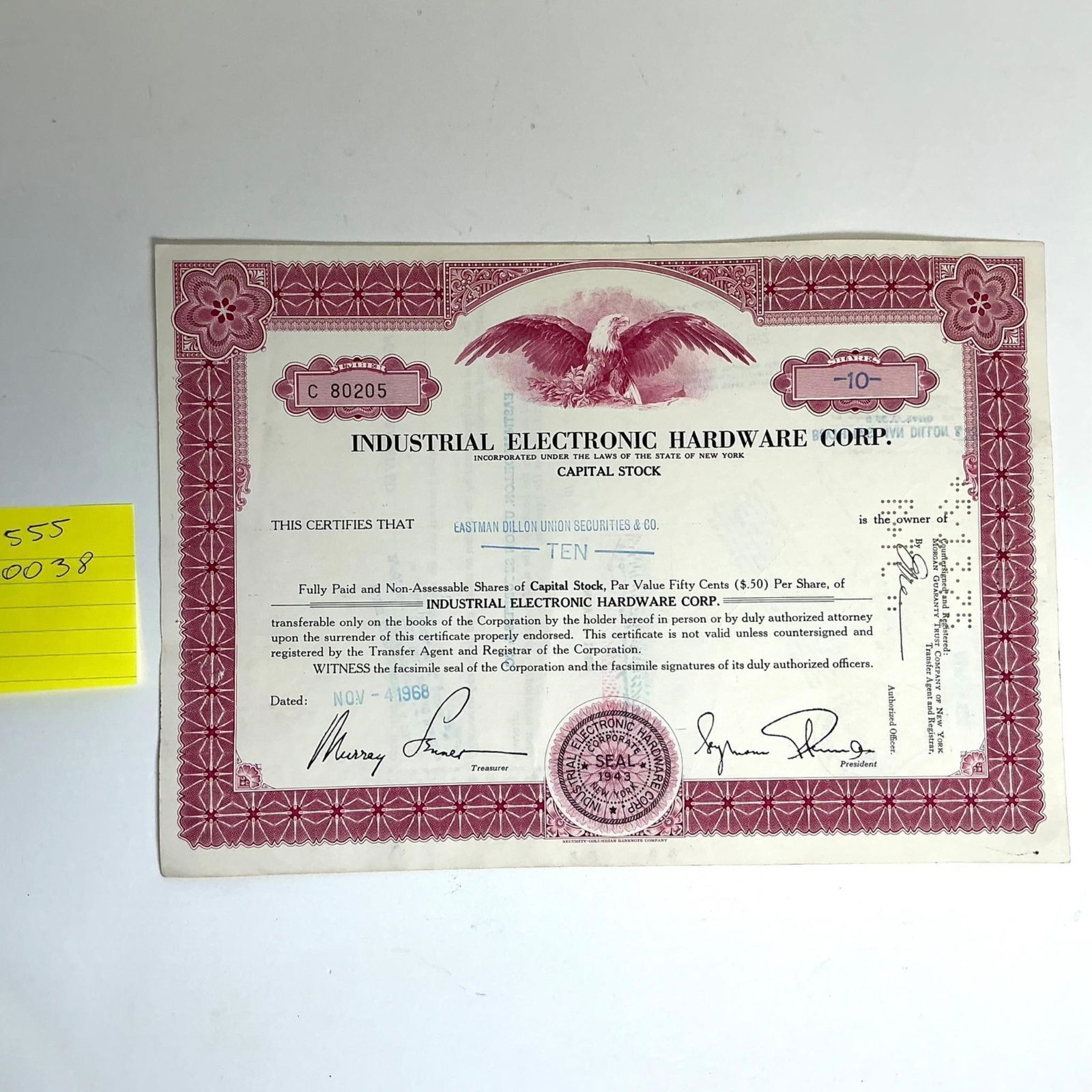 INDUSTRIAL ELECTRONIC HARDWARE CORP STOCK (1 of 2)