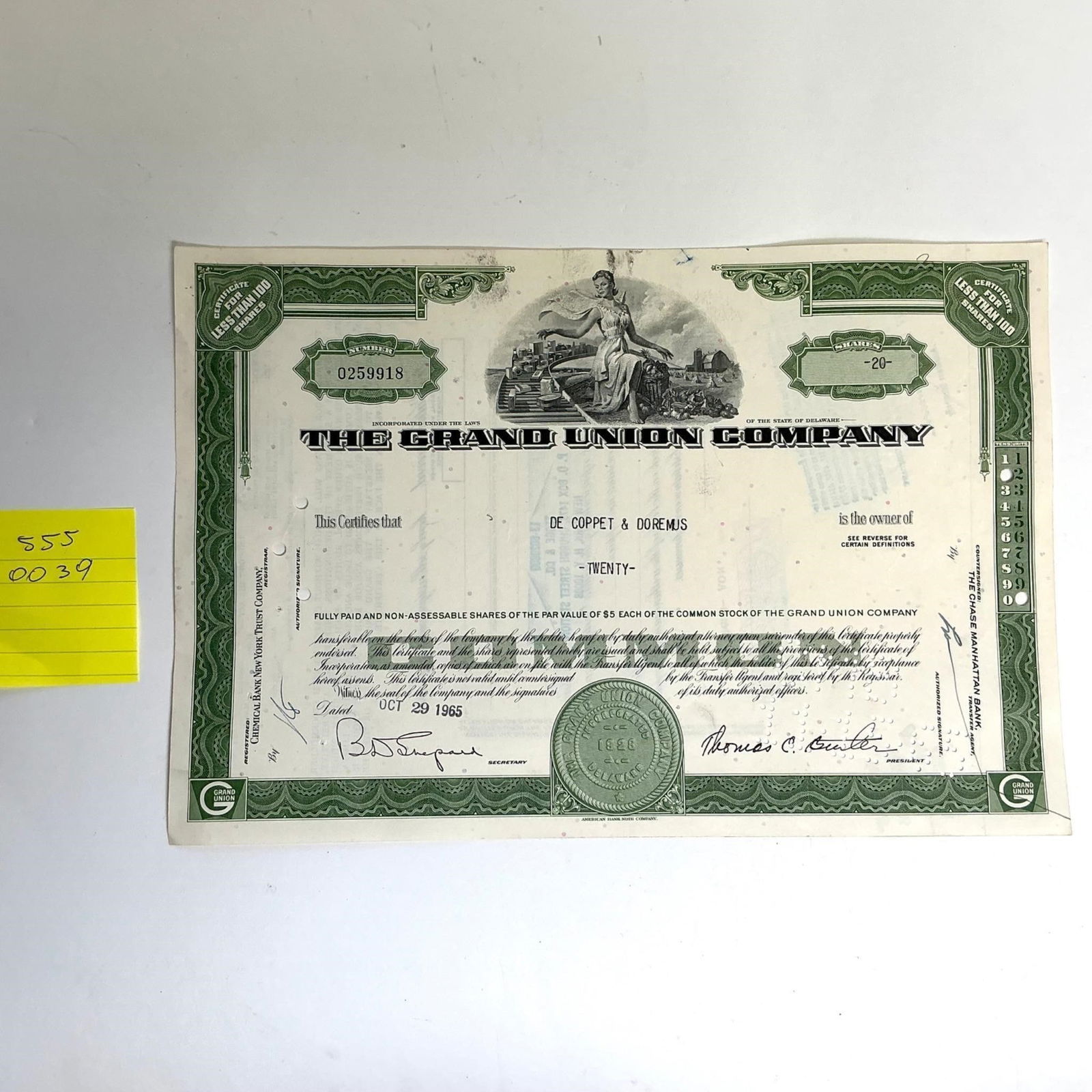 The Grand Union Company Stock Certificate (1 of 2)