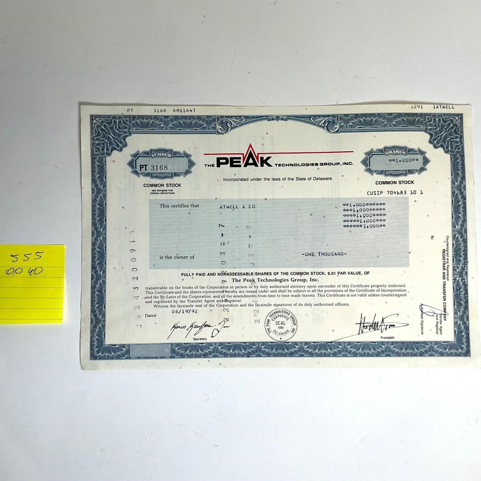 Peak Technologies Group - Stock Certificate (1 of 2)