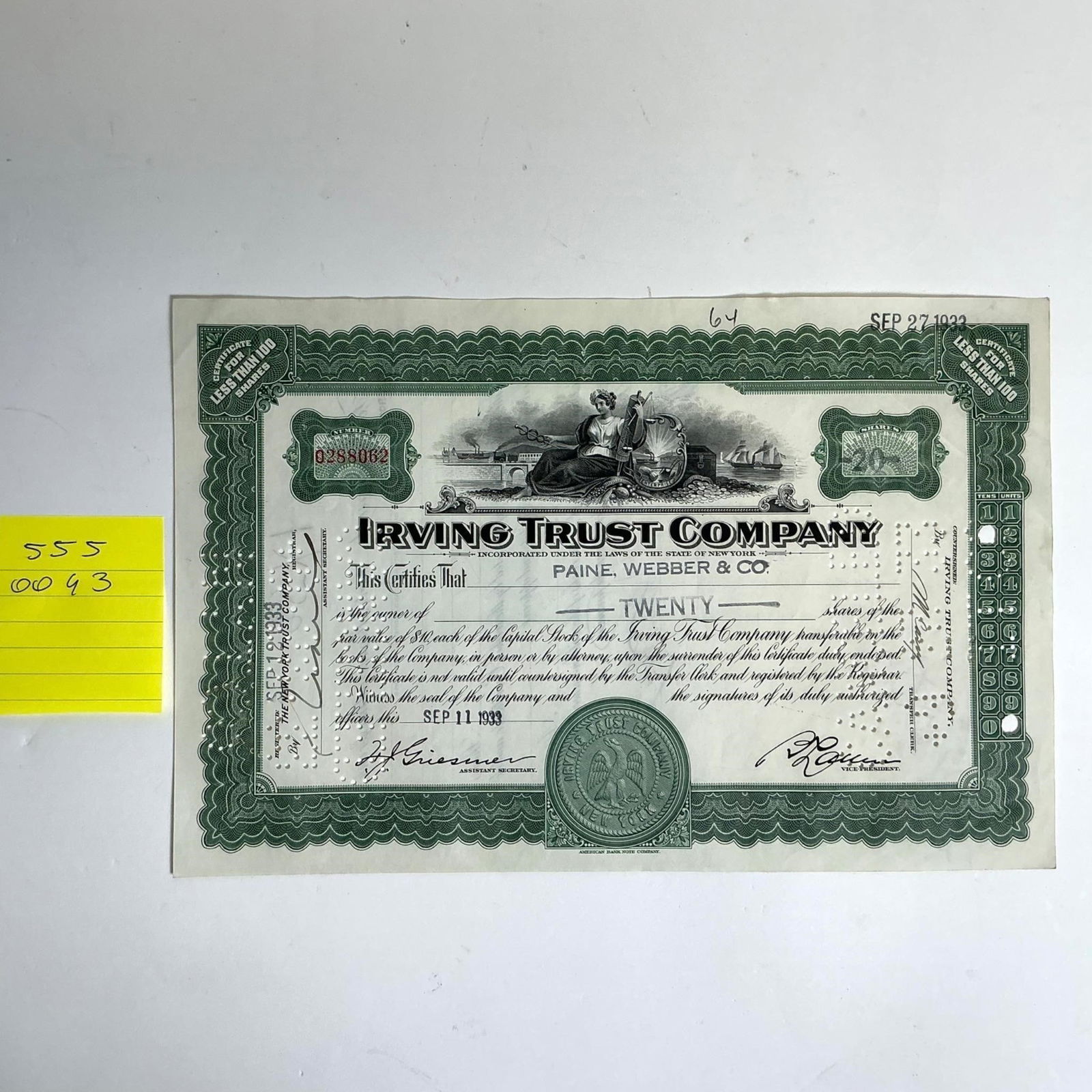 Irving Trust Co. Stock Certificate (1 of 2)