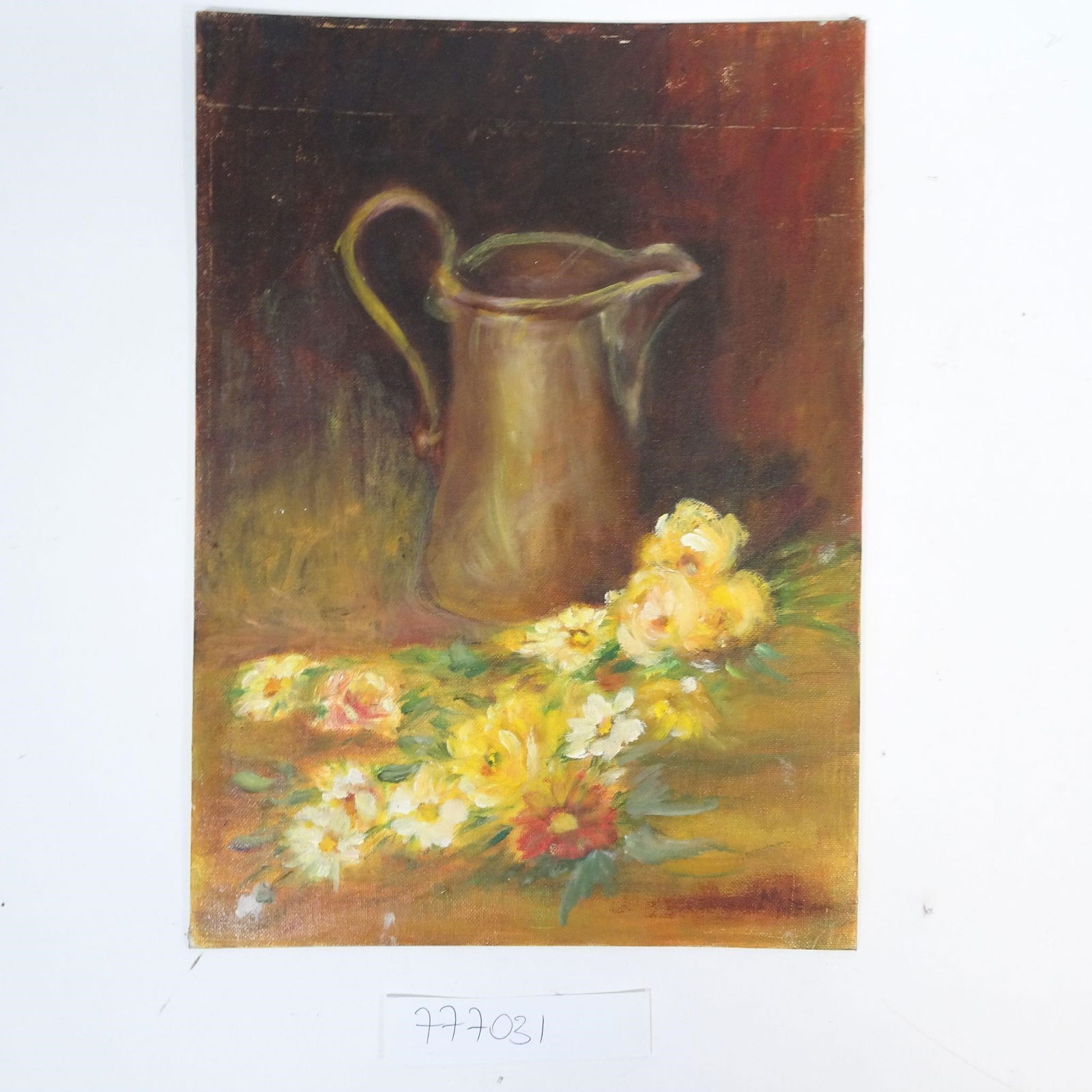 Original Oil Painting: Original oil painting depicting a still life with a metal pitcher and floral arrangement. Painted on professional Grumbacher Plyex Canvas Foundation Board.The artwork is signed and dated 1974, preserv