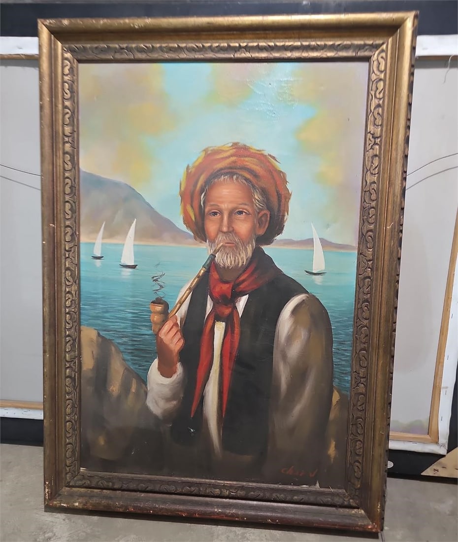 Vintage Oil Painting: Original vintage oil painting on canvas, depicting an elderly man with a pipe, wearing traditional headwear, set against a serene seaside background with sailboats. The artwork features warm tones