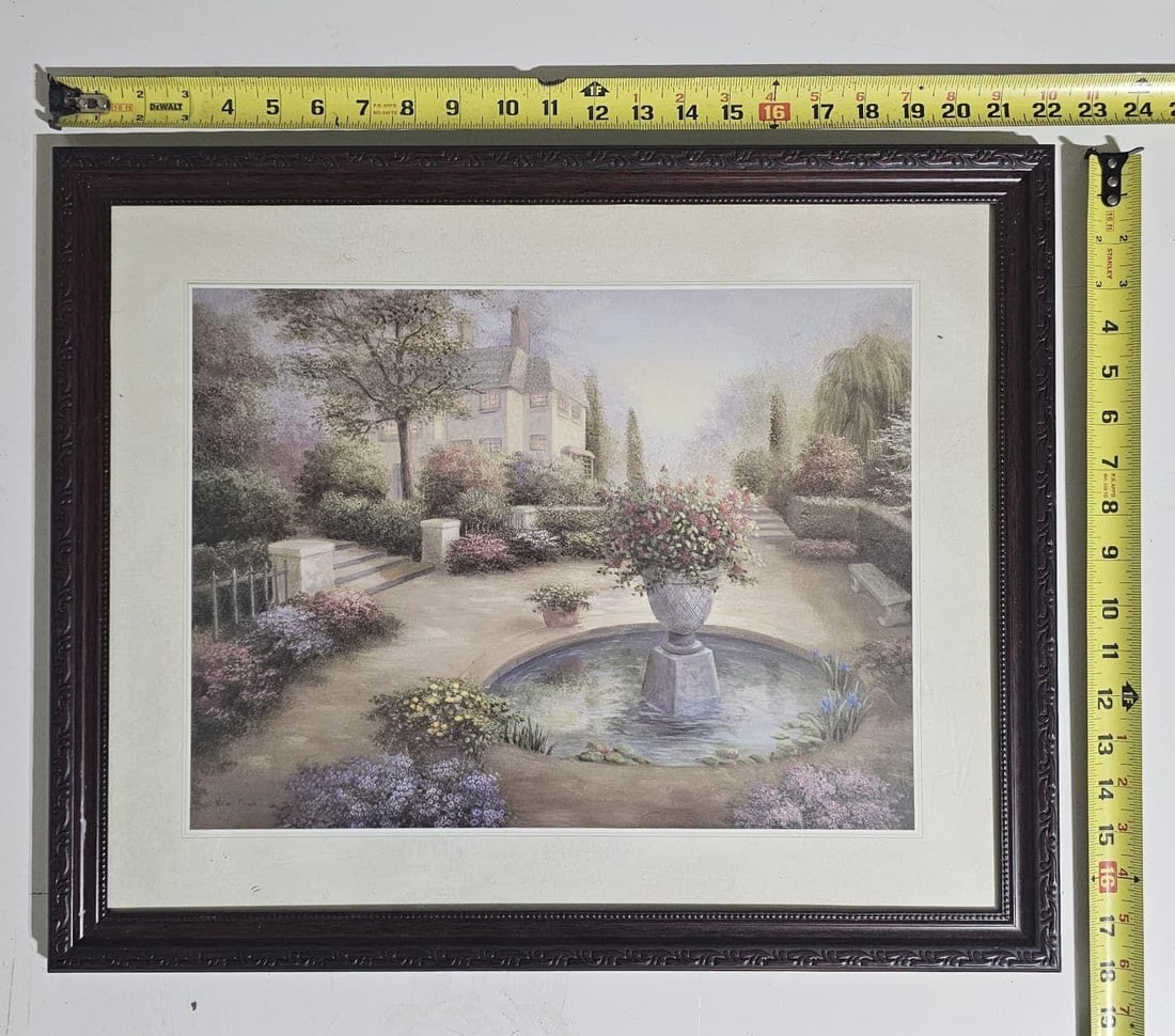 Elegant Framed Art Print: Elegant decorative art print depicting a romantic garden with a fountain, rendered in soft pastel tones. Inspired by classic estate gardens, this piece brings a timeless and serene atmosphere to any