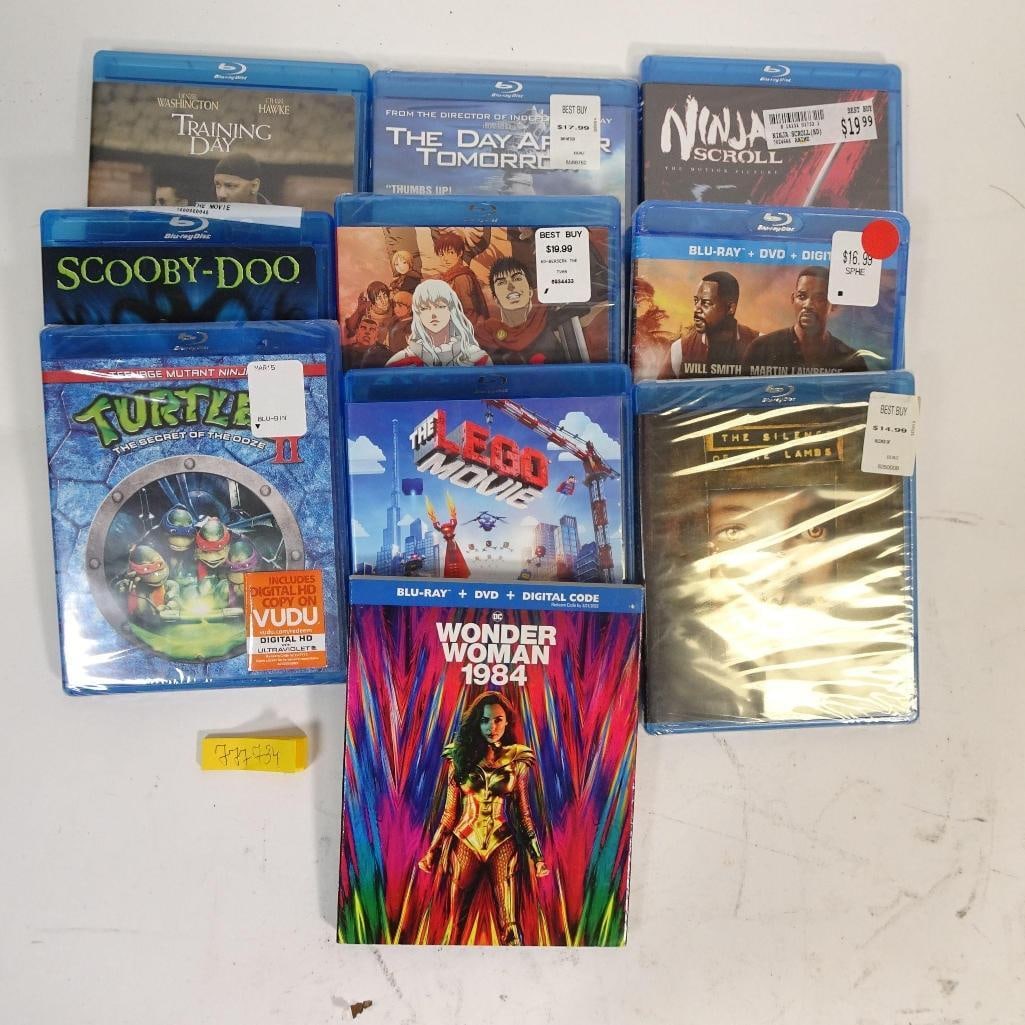 Blu-ray Movie Lot: This listing features a 9-disc Blu-ray movie lot, including action hits, animated favorites, and classic films. Condition: pre-owned, cases in good visual condition; some titles appear sealed or with