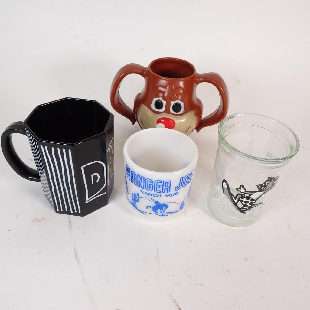 Vintage Mug & Glass Lot: Unique collectible set of four very different vintage drinkware pieces: Black octagon ceramic mug with hand-drawn style LOVE lettering Glass Ranger Joe Ranch Mug with blue cowboy g