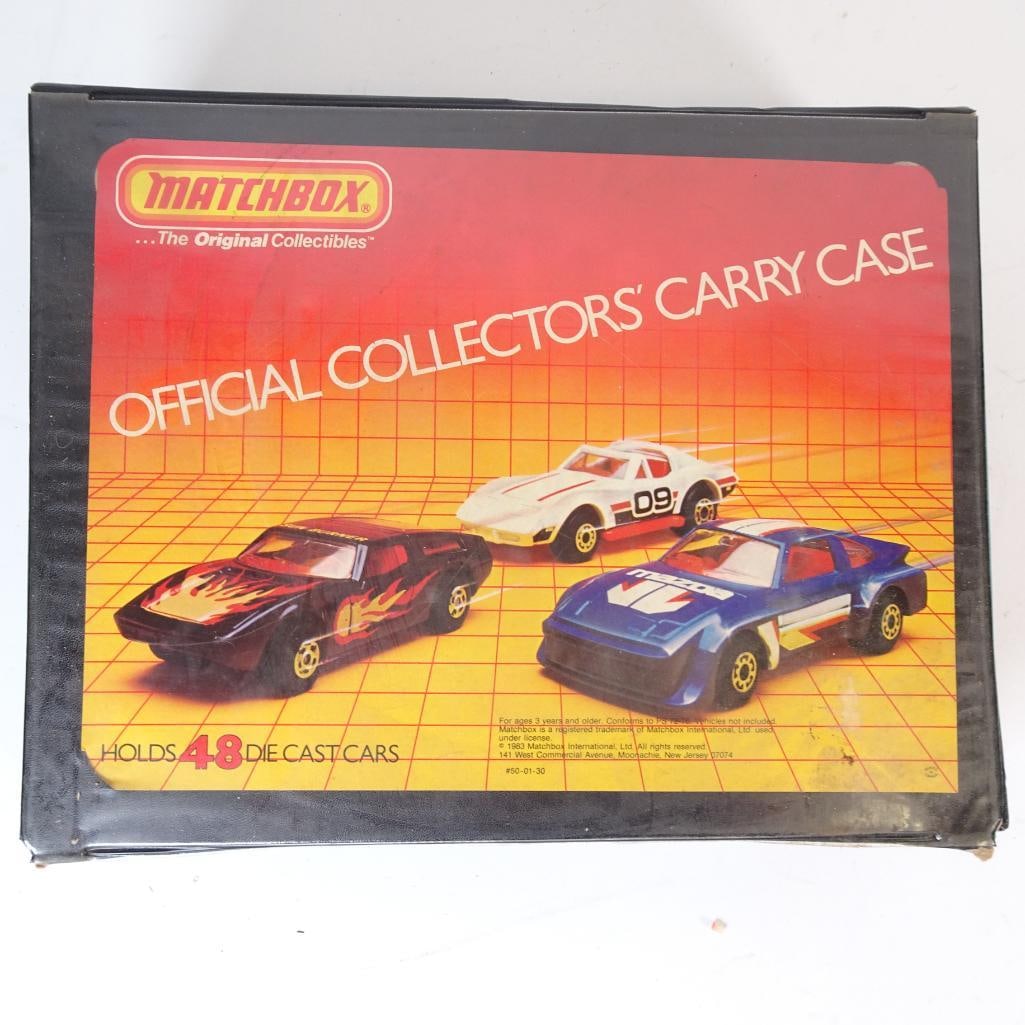Vintage Matchbox Official Collectors? Carry Case with Die-Cast Cars: Original Matchbox Official Collectors? Carry Case, designed to hold up to 48 die-cast cars, offered here with a mixed assortment of vehicles included. The case features the classic