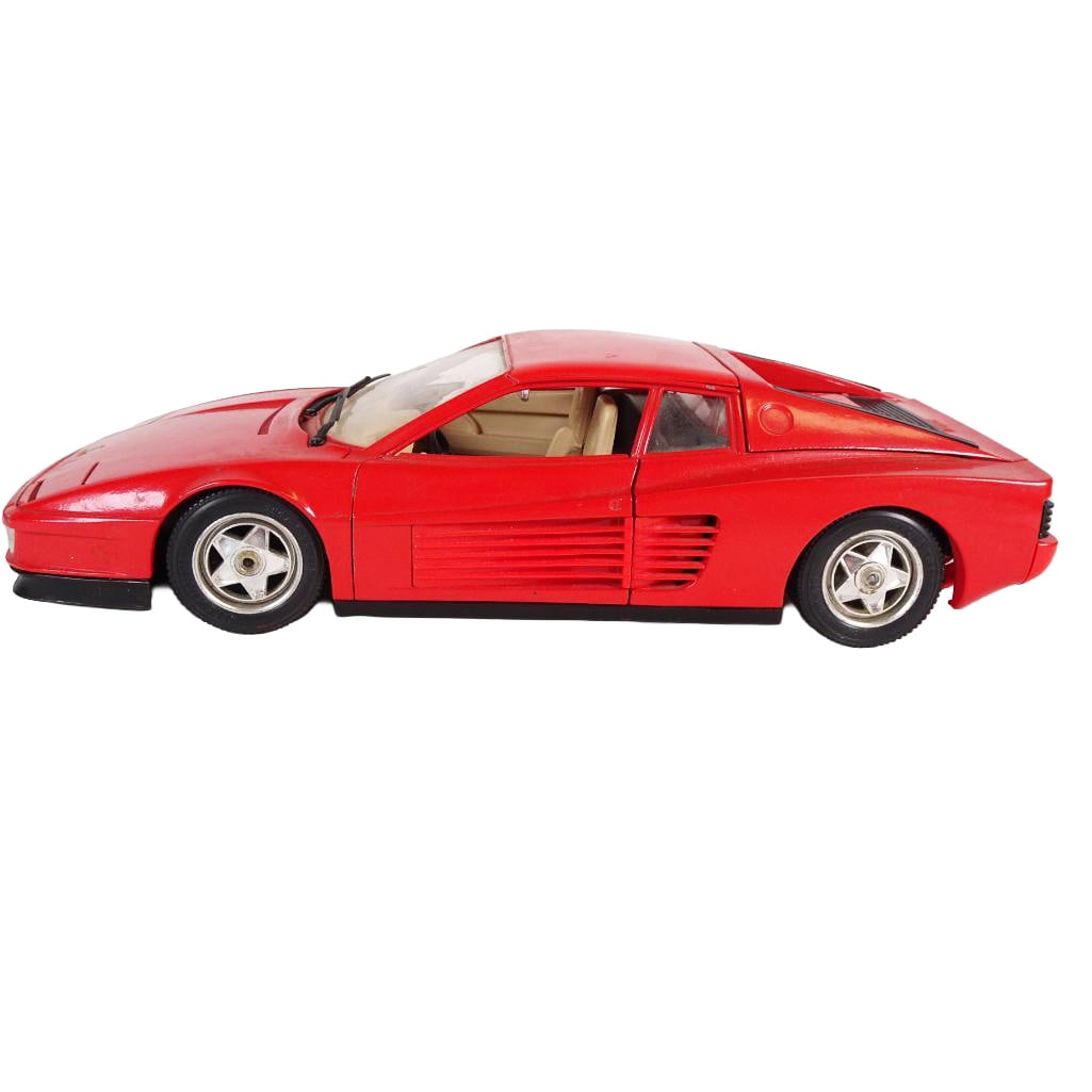 Vintage Ferrari Testarossa 1:18 Diecast Model Car: Authentic vintage Ferrari Testarossa diecast model car in 1:18 scale, produced by Bburago and made in Italy. Finished in classic red with a detailed beige interior. The mode