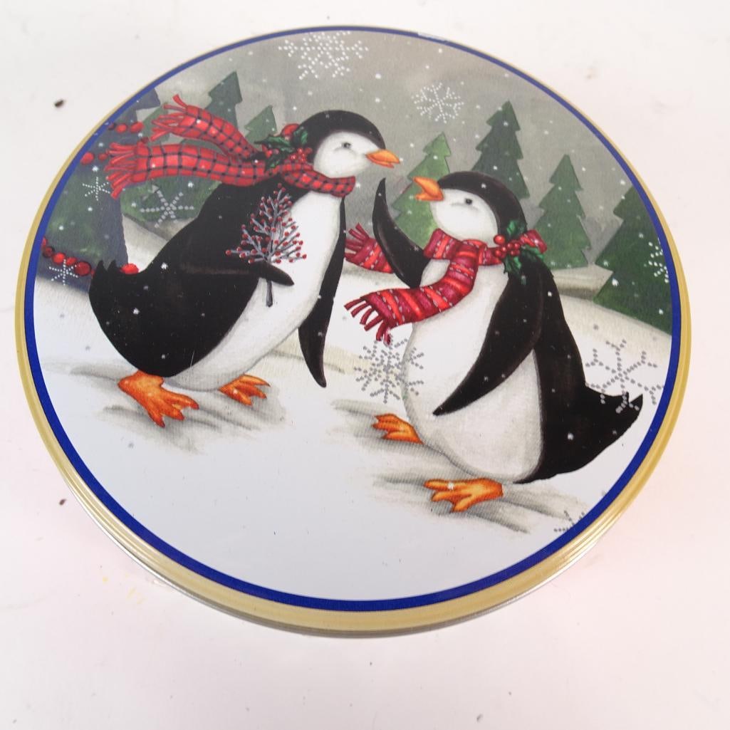 Vintage Christmas Ornament Lot: Charming mixed vintage Christmas ornament lot presented in a festive metal penguin tin. This collection includes a wonderful variety of older holiday decorations made from glass, wood, felt, plastic,