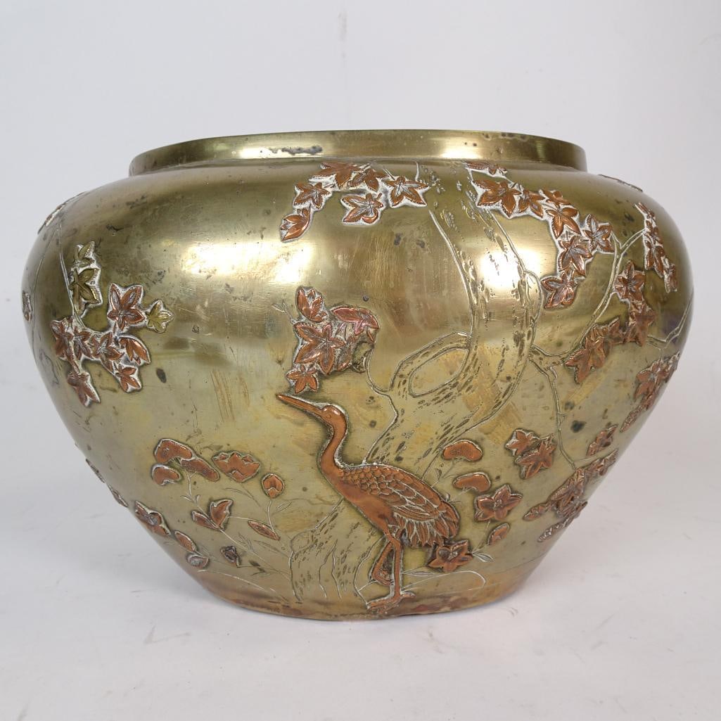 Large Heavy Japanese Style Brass & Copper Inlaid Bowl: This is a large, heavy, high-quality brass bowl featuring intricate hand-engraved decoration with copper inlay work. The design shows a traditional Asian scene with a crane, maple leaves, plants and l