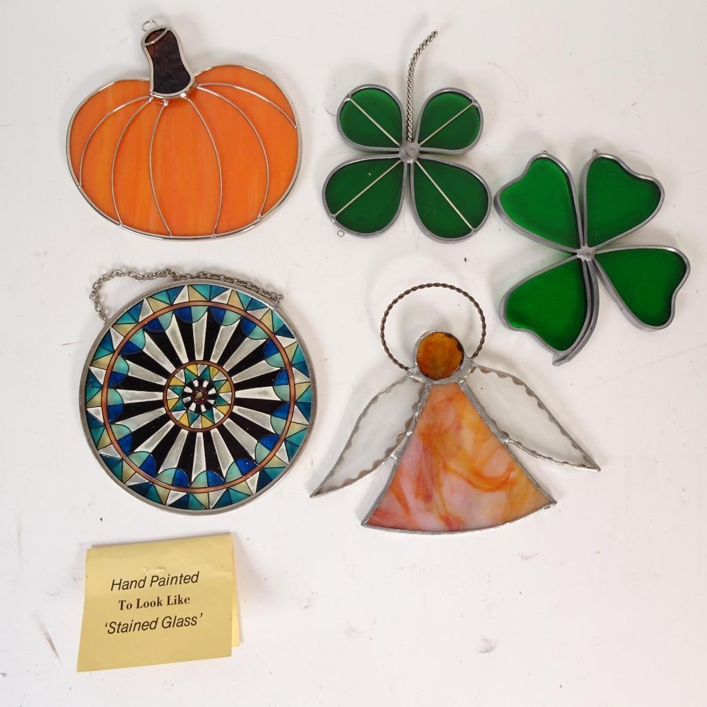 Vintage Hand Painted Faux Stained Glass Suncatcher Set: Beautiful vintage set of hand painted window and wall decorations designed to imitate stained glass. These pieces are often referred to as faux stained glass or painted stained glass style d?cor popul