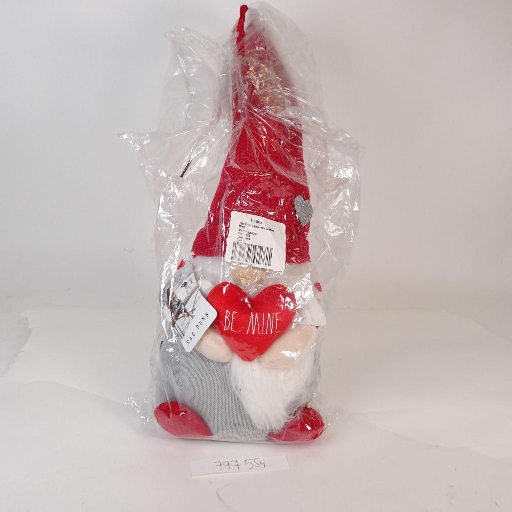Valentine Gnome "Be Mine" Plush Decor: Charming Valentine's Day gnome holding a red heart with "Be Mine" text. Soft plush decoration, brand new in original packaging. Perfect for seasonal home décor or gifting.
