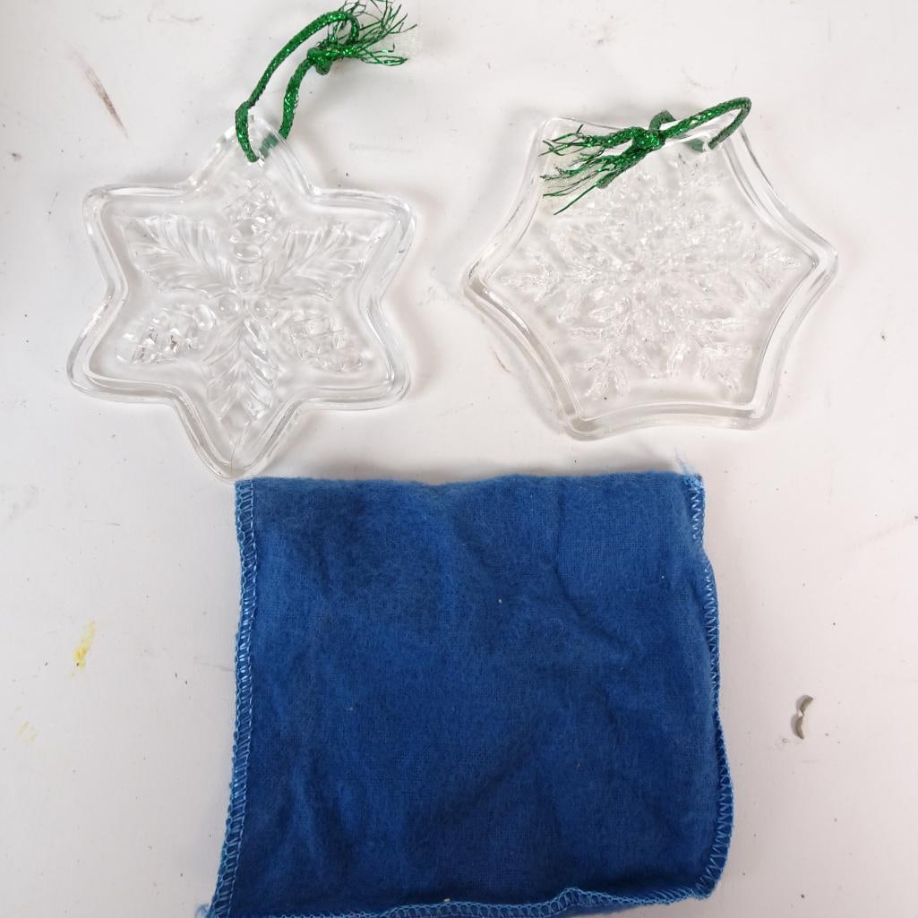 Set of 4 Fostoria American Lead Crystal Christmas Ornaments: Original set of four vintage Christmas ornaments made of American lead crystal by Fostoria. Each ornament features a different beautifully pressed design: holly & pinecone star, snowflake, wreath