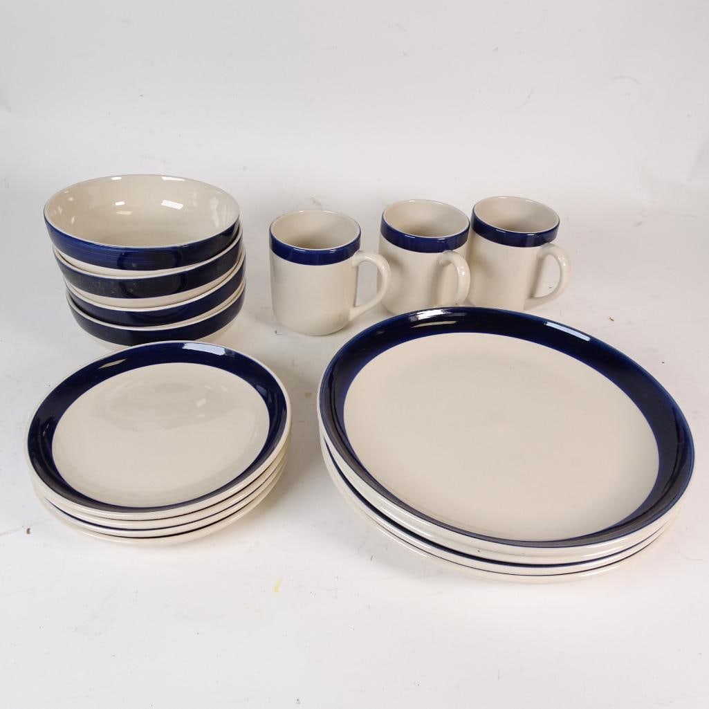 Blue Rim Dinnerware Set for 4: Classic minimalist white dinnerware set with navy blue rim. Timeless design perfect for modern, Scandinavian, or everyday kitchen style. Bottom marked TodaysHome. Dishwasher and microwave safe. Good c