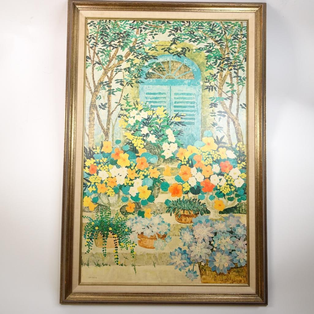 ?Blue Shutters? Framed Print by Kemeny: Large decorative floral print featuring blue shutters and flowers in an elegant gold frame. Published by the well-known New York Graphic Society. Original label on the back states: Artist: Kemeny