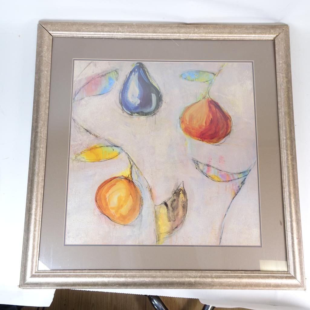 ?Tranquil II? Large Framed Contemporary Abstract Print: Large contemporary artwork featuring abstract pear forms in soft pastel tones. Beautifully framed in a wide silver-wood frame with elegant matting. Back label reads: ?Tranquil II Pict? Perfect for cal