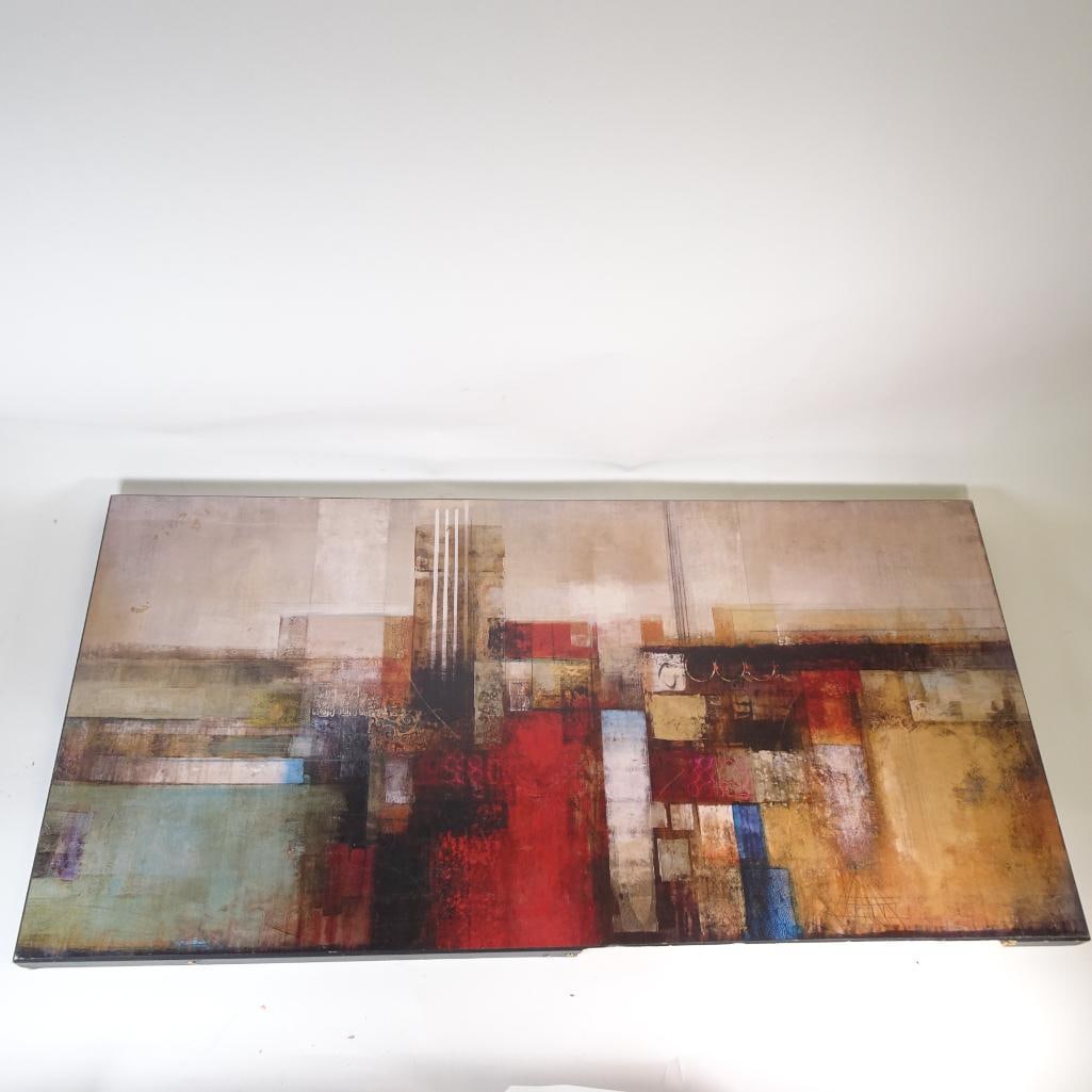 Large Panoramic Contemporary Abstract Wall Art Panel: Oversized horizontal abstract art panel featuring rich tones of red, beige, teal, and brown in an industrial collage style. Perfect for loft, modern living room, office, or commercial space. Printed o