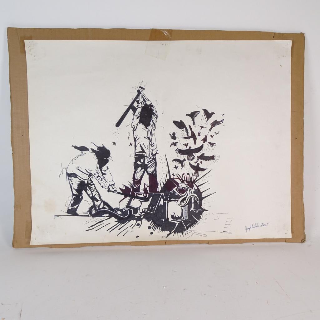 Original Ink Drawing on Paper: Large original ink drawing on paper, signed in the lower right corner by Joseph Pulido. This piece shows Pulido?s distinctive illustrative style with symbolic and social-commentary elements (figures,