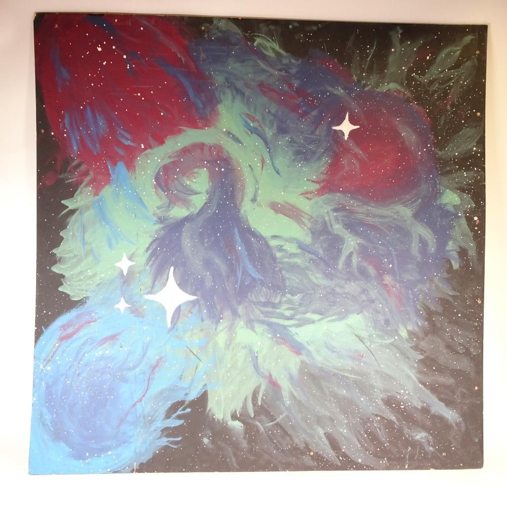 Large Cosmic Abstract Wall Art Panel: Striking large panel artwork depicting an abstract cosmic scene with nebula-like swirls, stars, and flowing forms in teal, mint, purple, red, and black tones. A very decorative piece perfect for moder