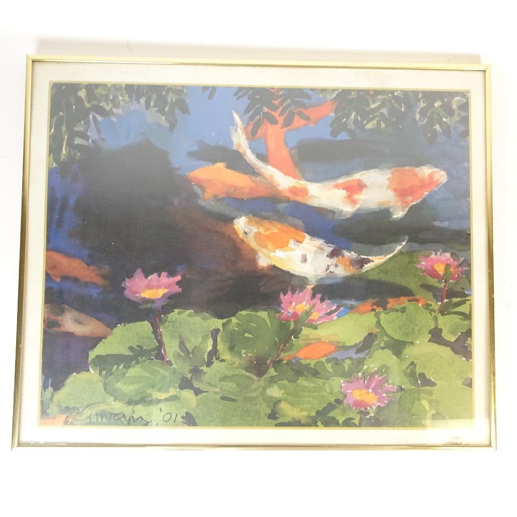 Signed Framed Artwork with Koi Fish & Water Lilies: Decorative framed artwork depicting koi fish swimming among water lilies, rendered in rich colors with a calm, flowing composition inspired by traditional Asian themes. The piece is signed and dated ?