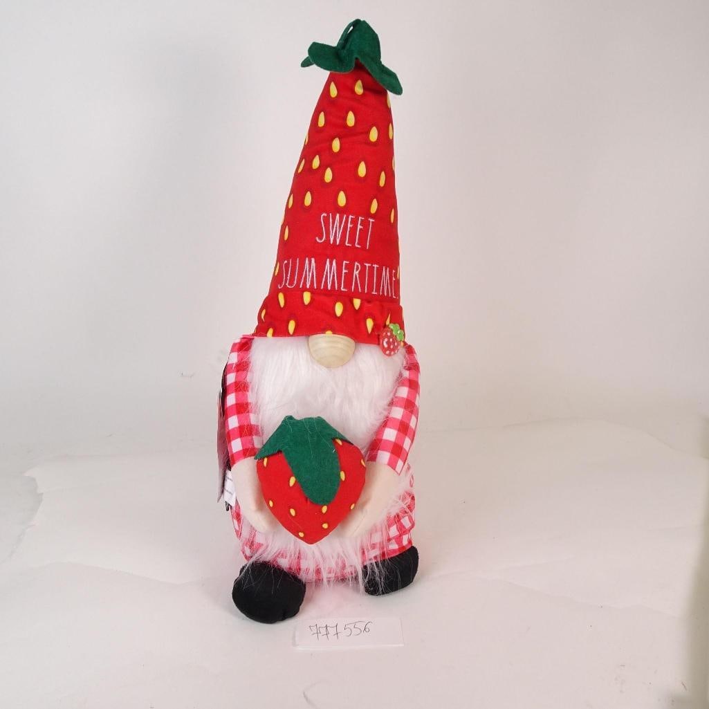 Strawberry Summer Gnome Decor: Charming summer gnome with strawberry-themed hat and matching accent. Soft plush decoration, perfect for summer and seasonal home décor.