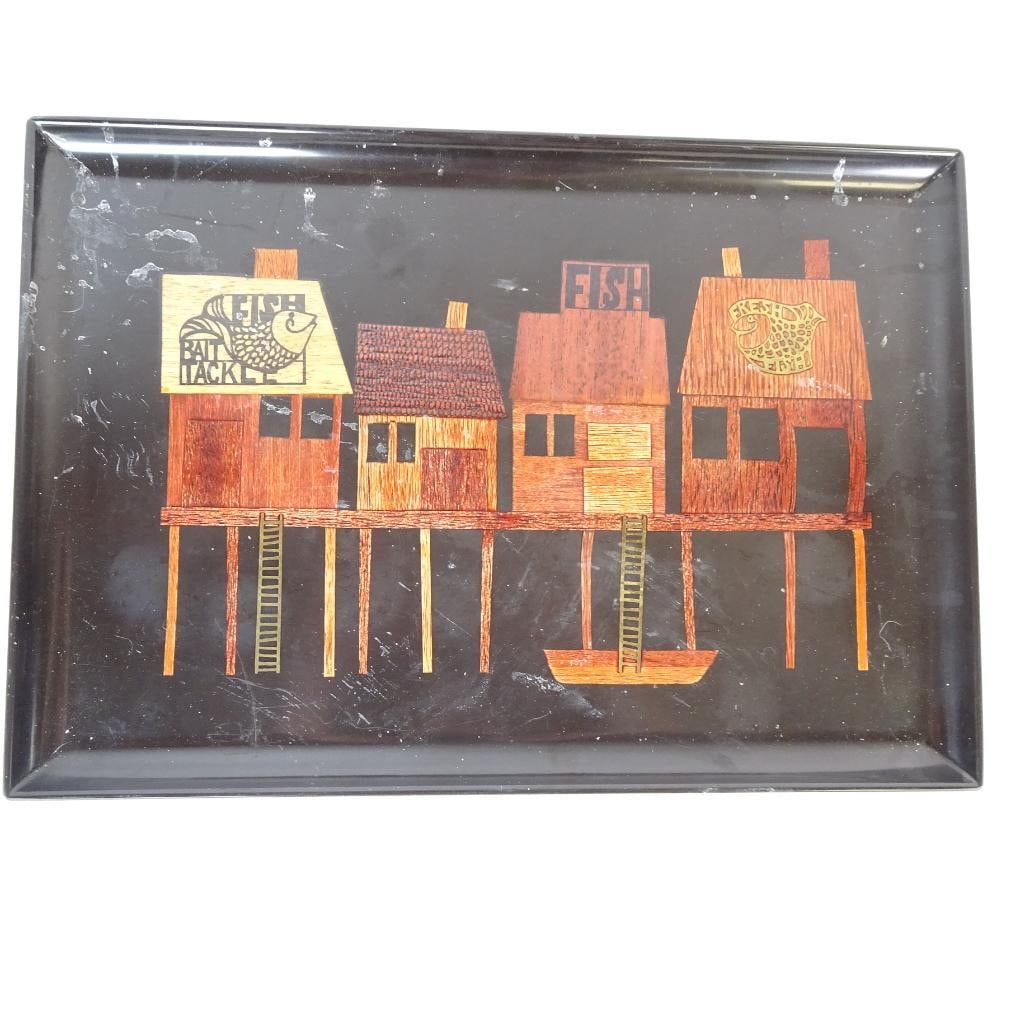 Vintage Couroc of Monterey Inlaid Tray: Vintage decorative serving tray by Couroc of Monterey, featuring a charming fishing village scene with fish shop motifs and stilt houses over water. This tray showcases Couroc?s well-known