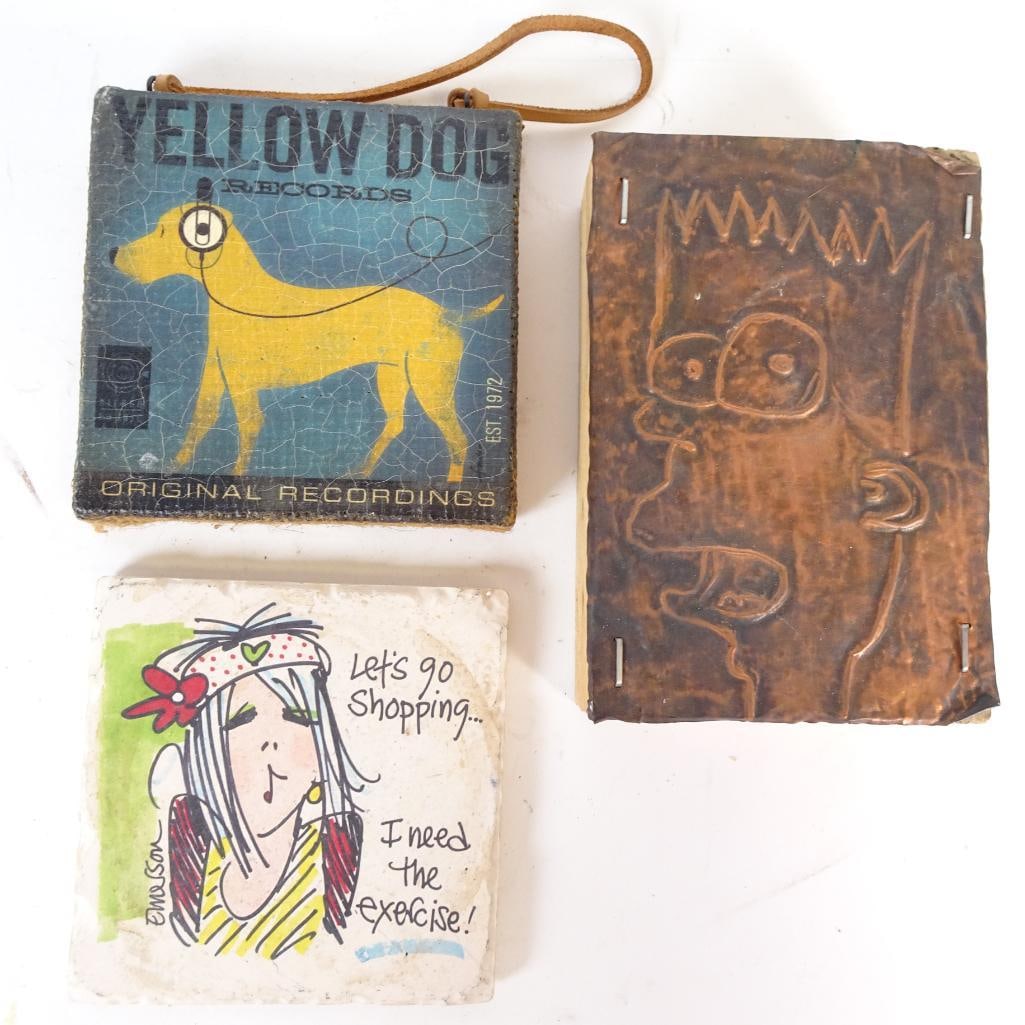 Eclectic Art Decor Lot: Unique lot of three artistic decorative pieces, combining music-themed graphic art, folk-style metalwork, and whimsical ceramic design. Ideal for collectors of eclectic decor, folk art, or music memor