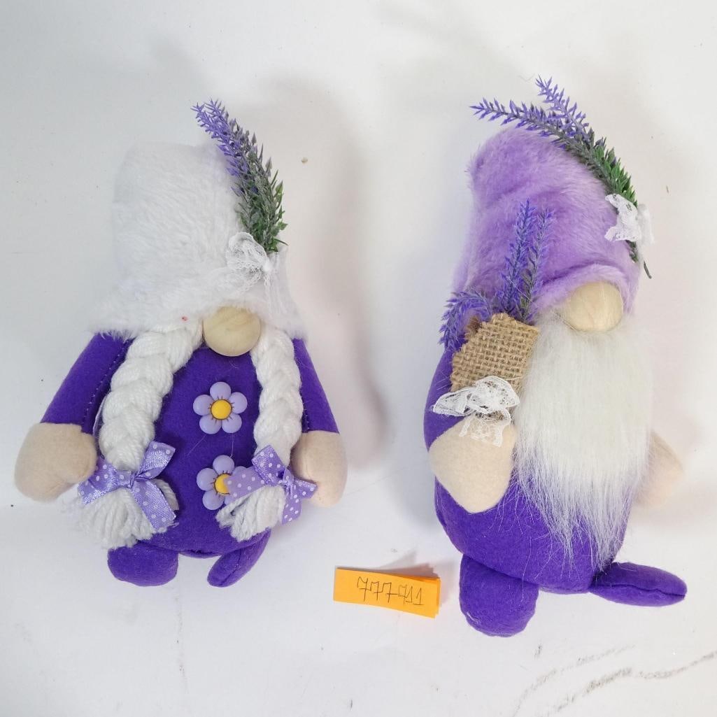 Set of 2 Lavender Gnomes: Beautiful set of two decorative lavender gnomes in rich purple tones, featuring floral and lavender-themed details. The gnomes are decorated with lace accents, bows, and faux lavender sprigs, giving t