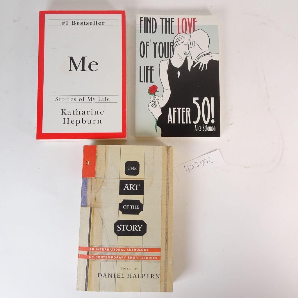 Lot of 3 Books: This auction lot includes three paperback books, covering celebrity memoir, relationship advice, and an international short story anthology. Condition: Good vintage condition with visible wear consist